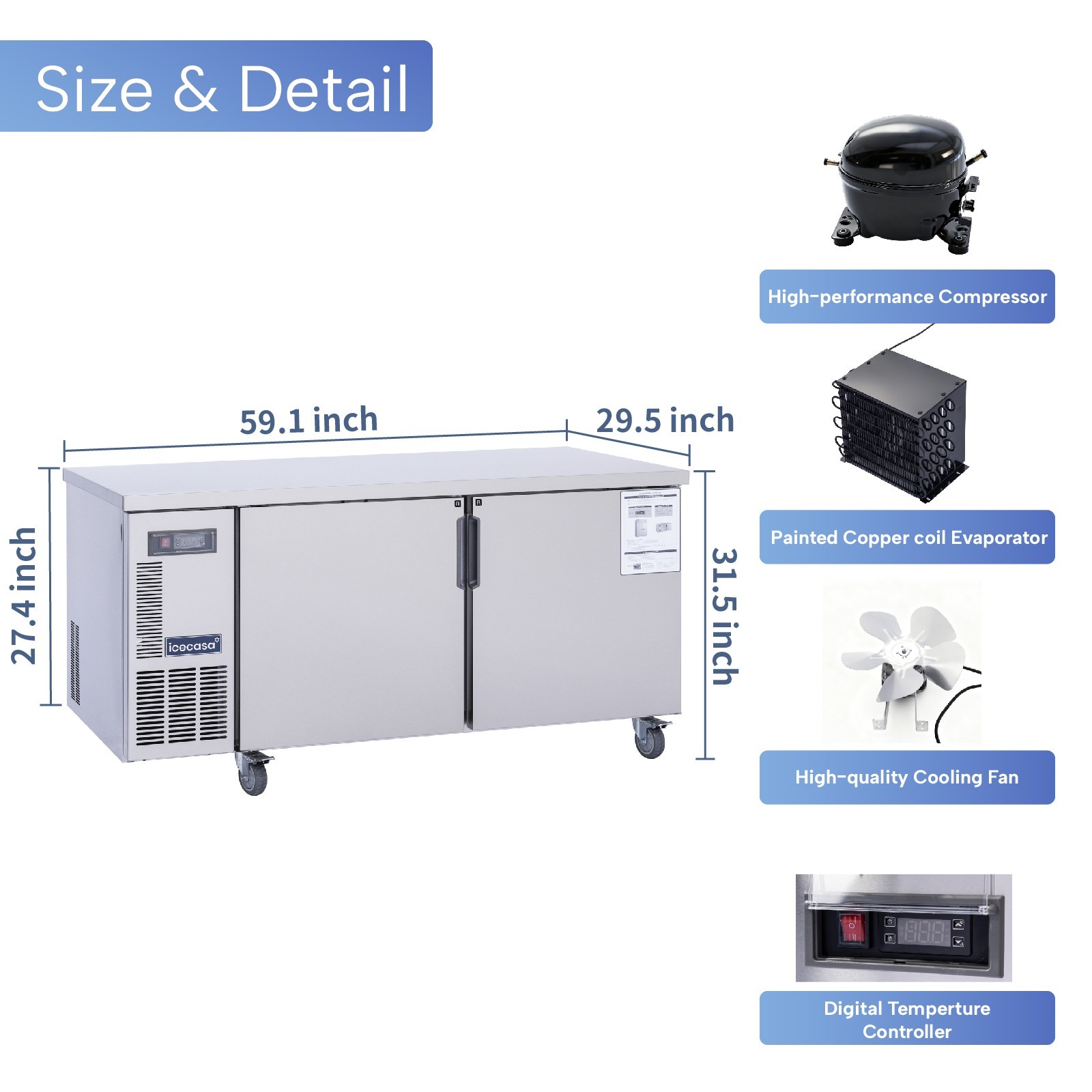 ICECASA 60″ Commercial Worktop Refrigerator Stainless Steel Undercounter Fridge