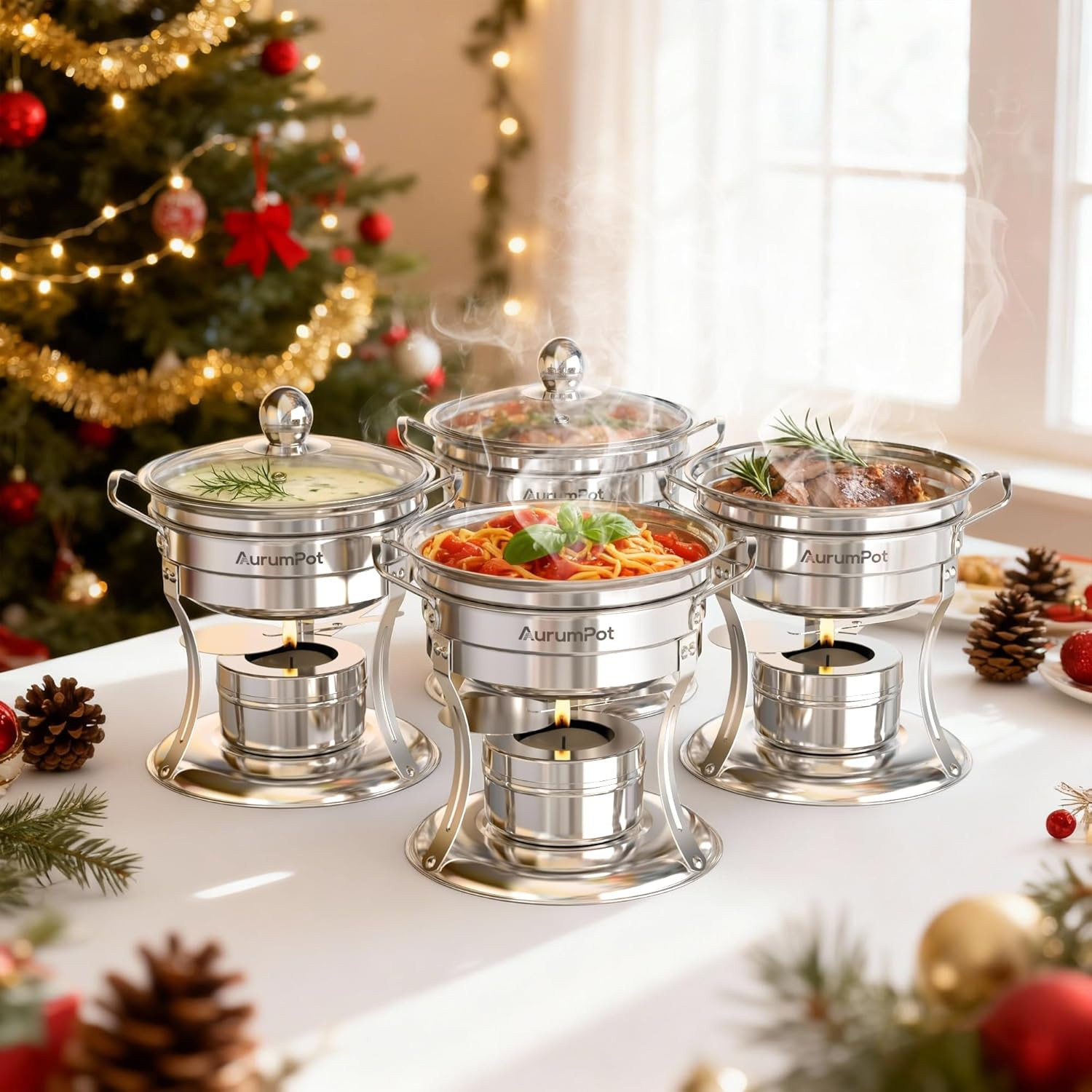 Personalized Mini Chafing Dishes for Buffet 1QT 4 Pack with Glass Lids, [Worry-F