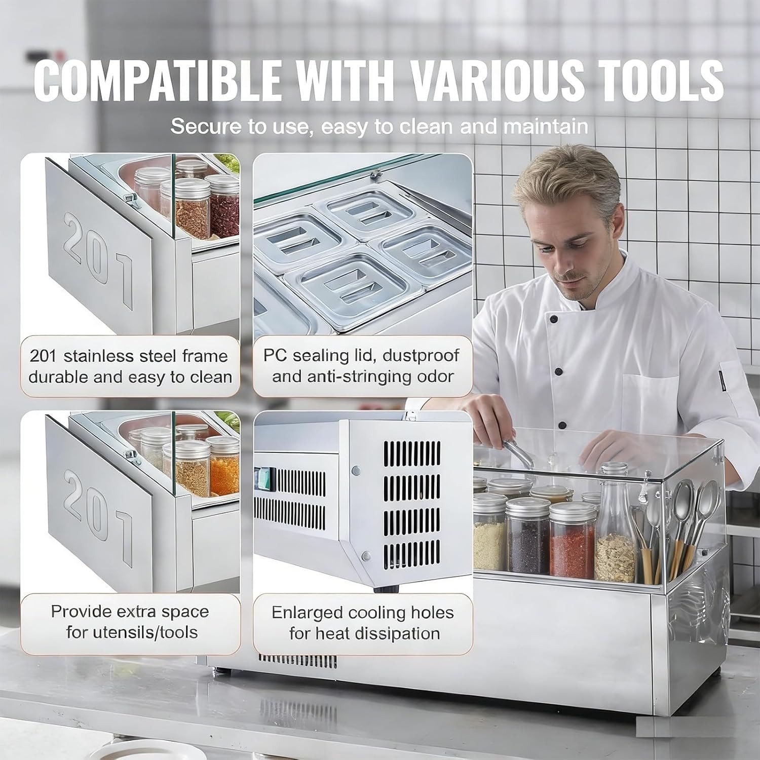 🔥Refrigerated Prep Station, 130W Air-Cooling Salad Bar Buffet Station, 35-46°F