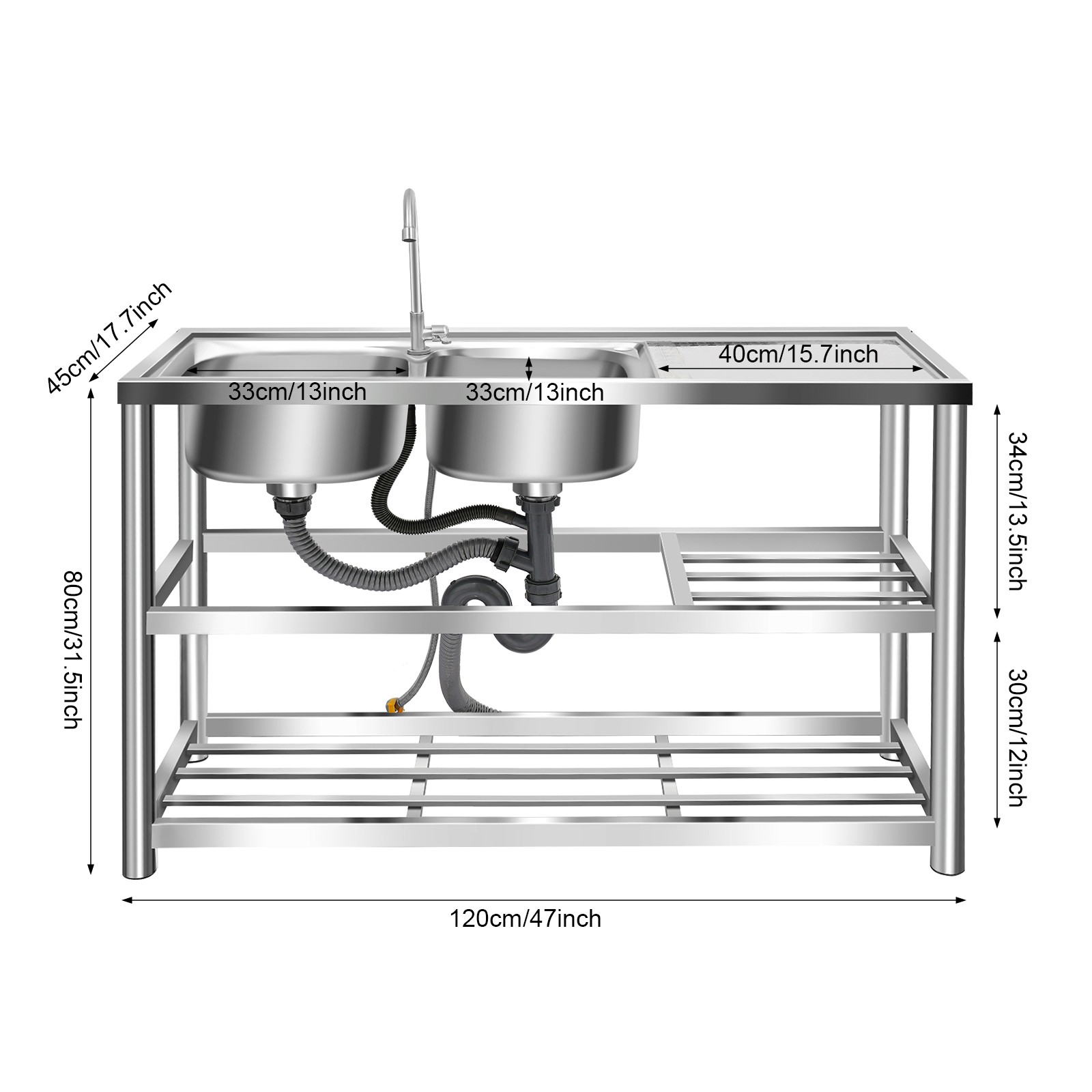 Stainless Steel Commercial Sink Utility Sink 2 Compartment Kitchen w/Prep Table