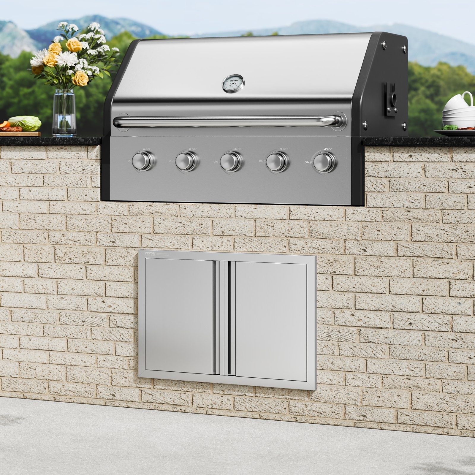 BBQ Access Door, 28W x 19H Inch Double Outdoor Kitchen Door, Stainless Steel Flu