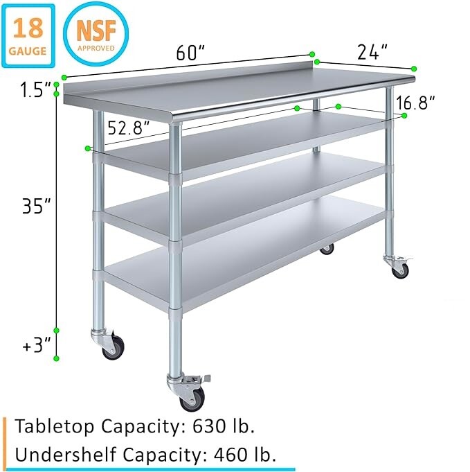Stainless Steel Metal Work Table with 1.5″ Backsplash and 3 Shelves with Wheels