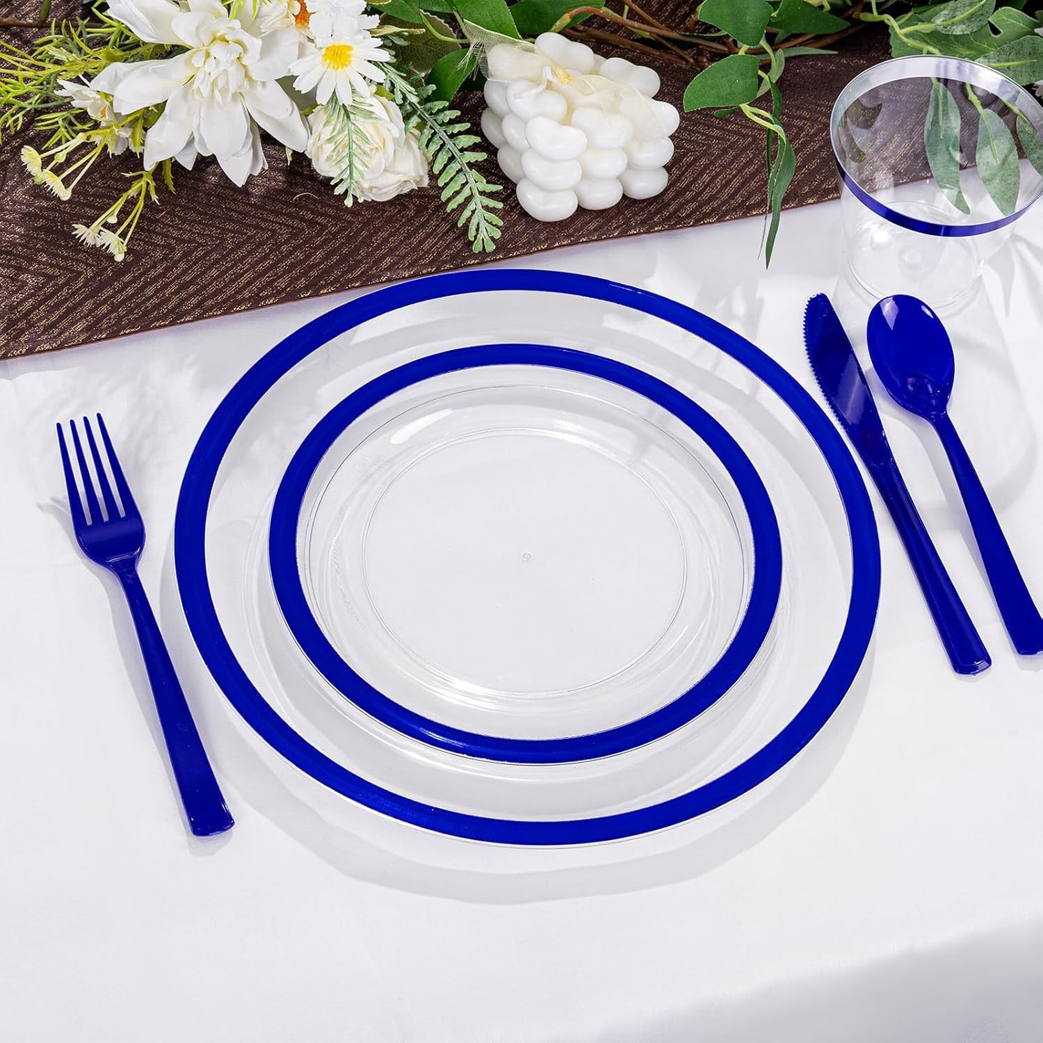 210 Pcs Dark Blue Plastic Plates, Clear Disposable Plates for 30 Guests, Blue