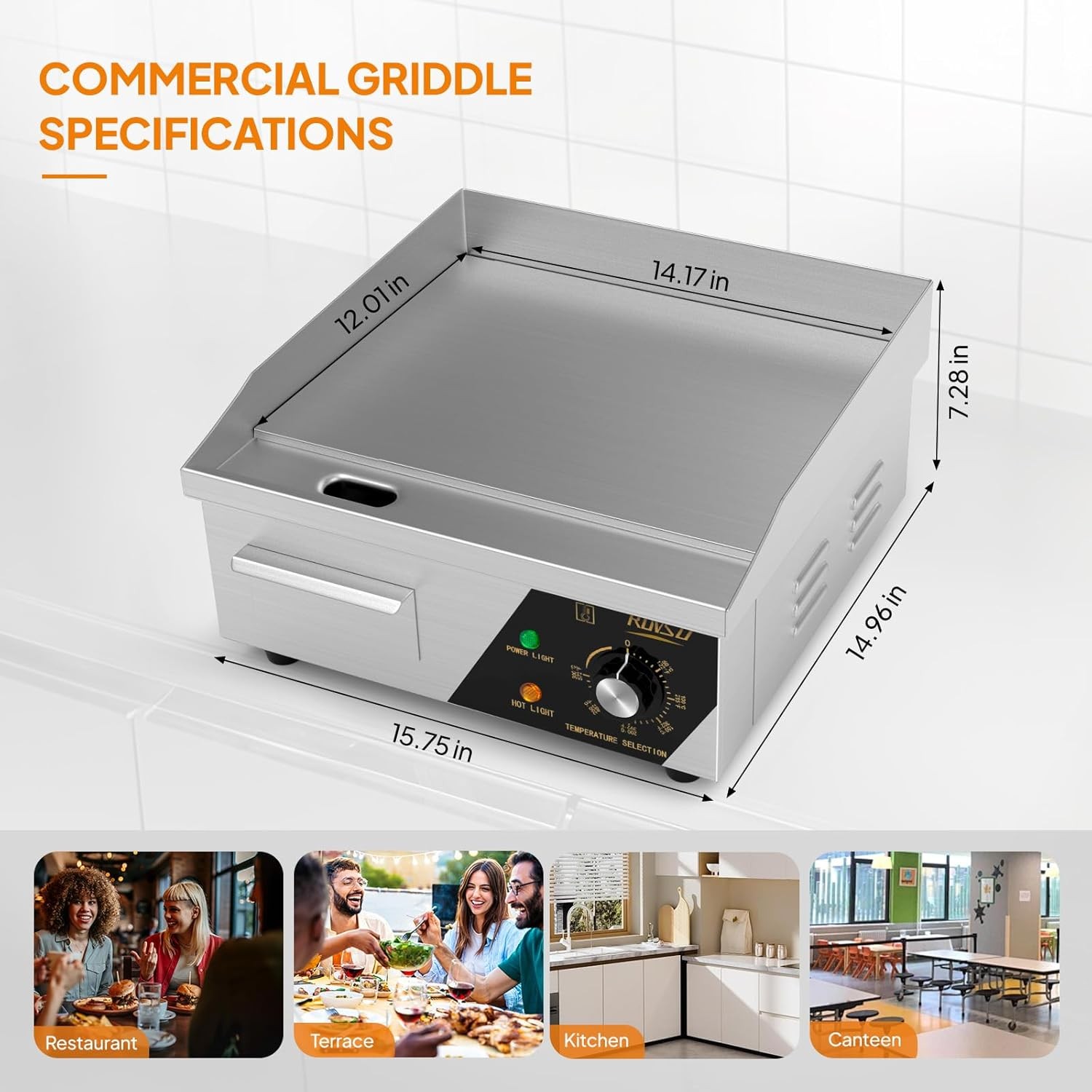 14″ Commercial Electric Countertop Flat Top Griddle, 1500W 110V Electric Griddle