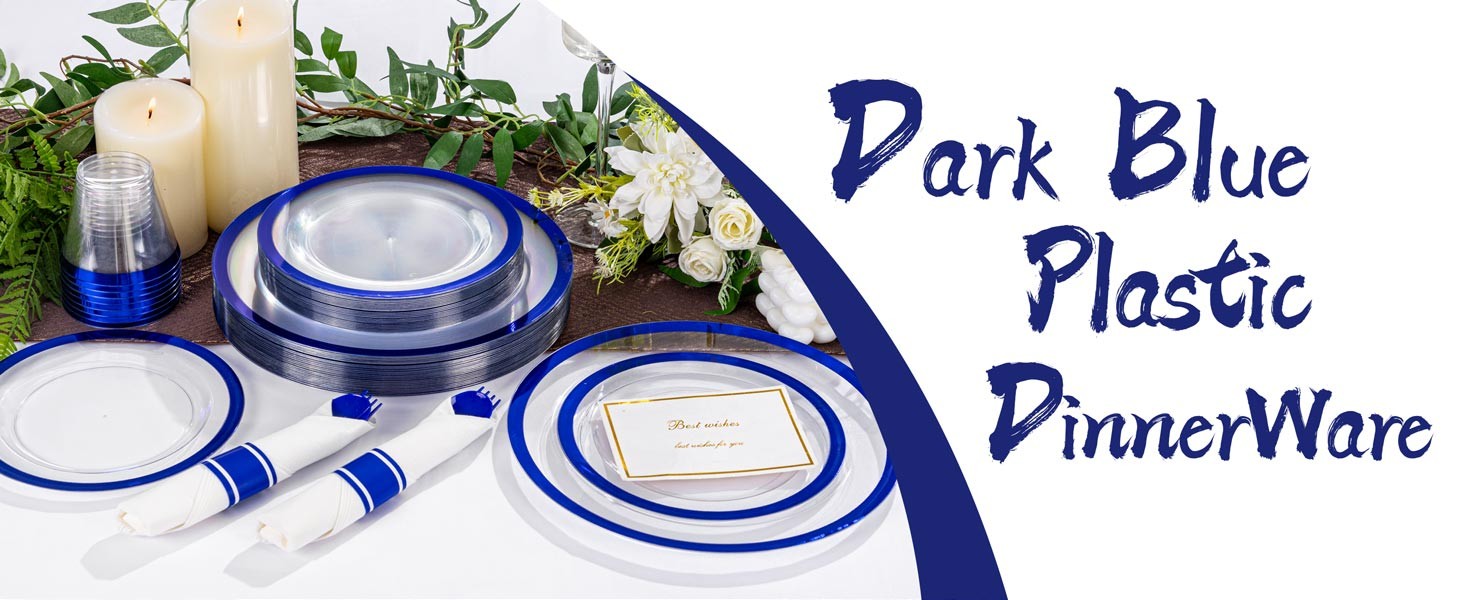210 Pcs Dark Blue Plastic Plates, Clear Disposable Plates for 30 Guests, Blue