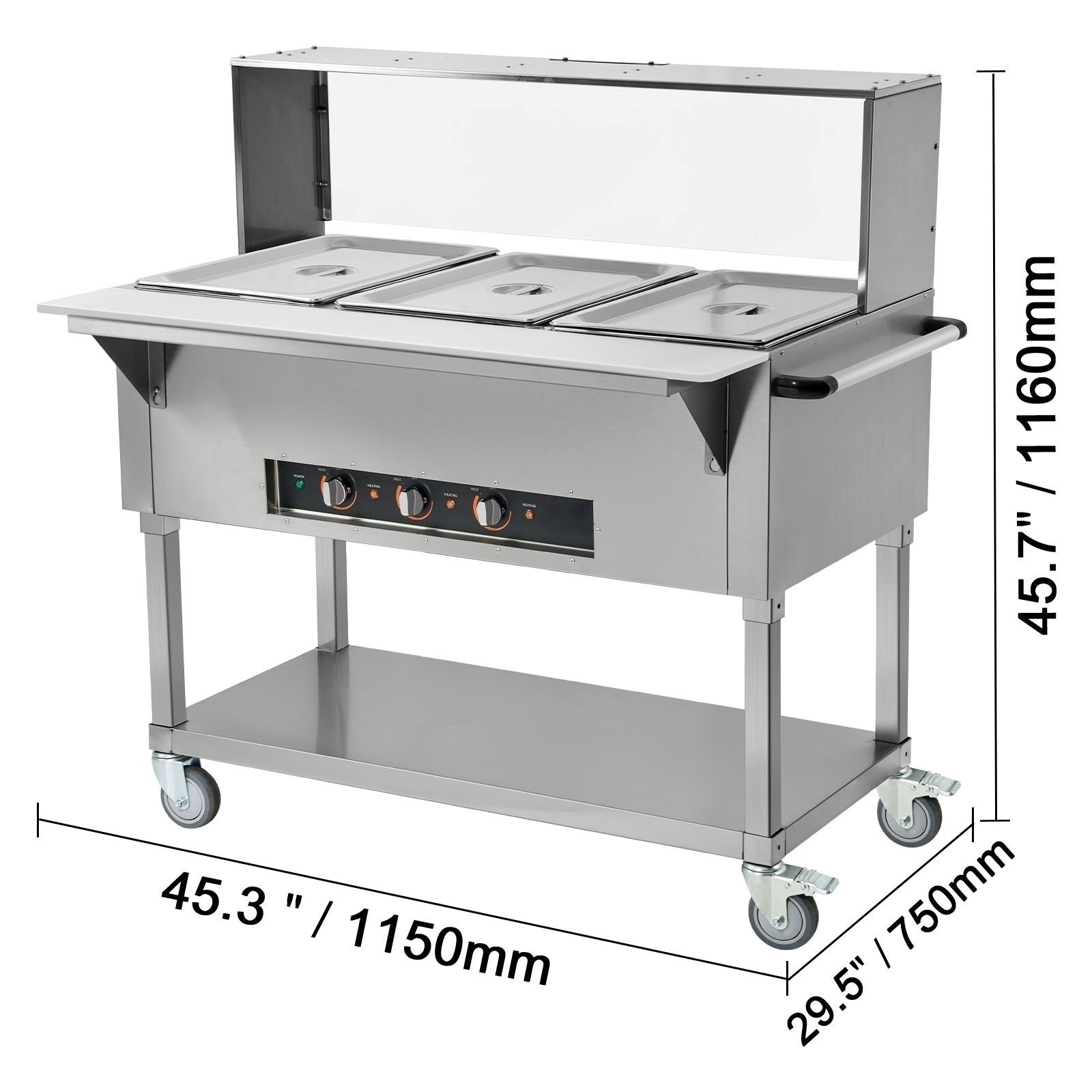 VEVOR 3-Pan Commercial Food Warmer 3 x 20.6QT Steam Table & Acrylic Sneeze Guard