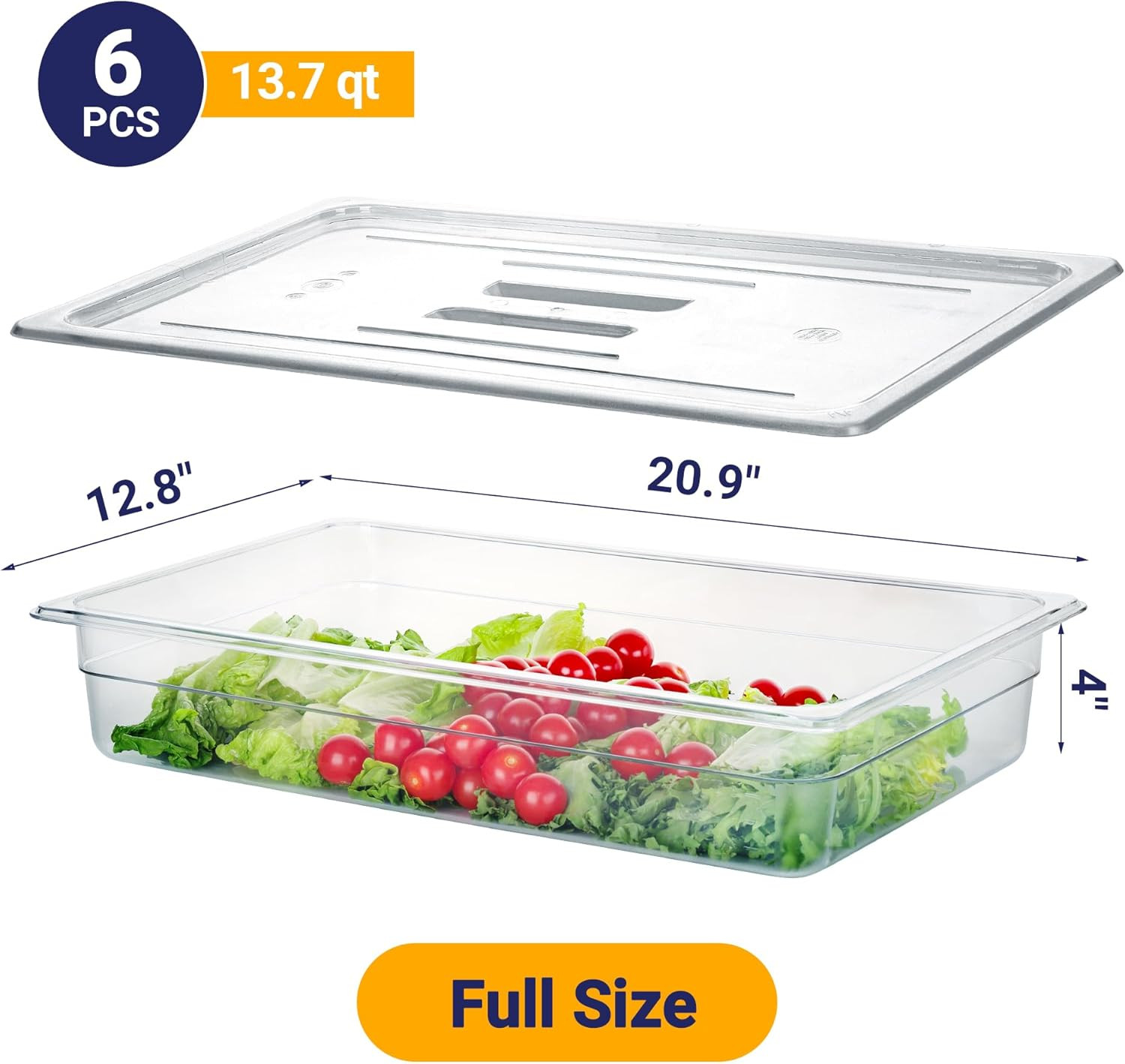 6 Pack NSF Food Pans with Lids, Full Size 4» Deep Commercial Food Storage Conta