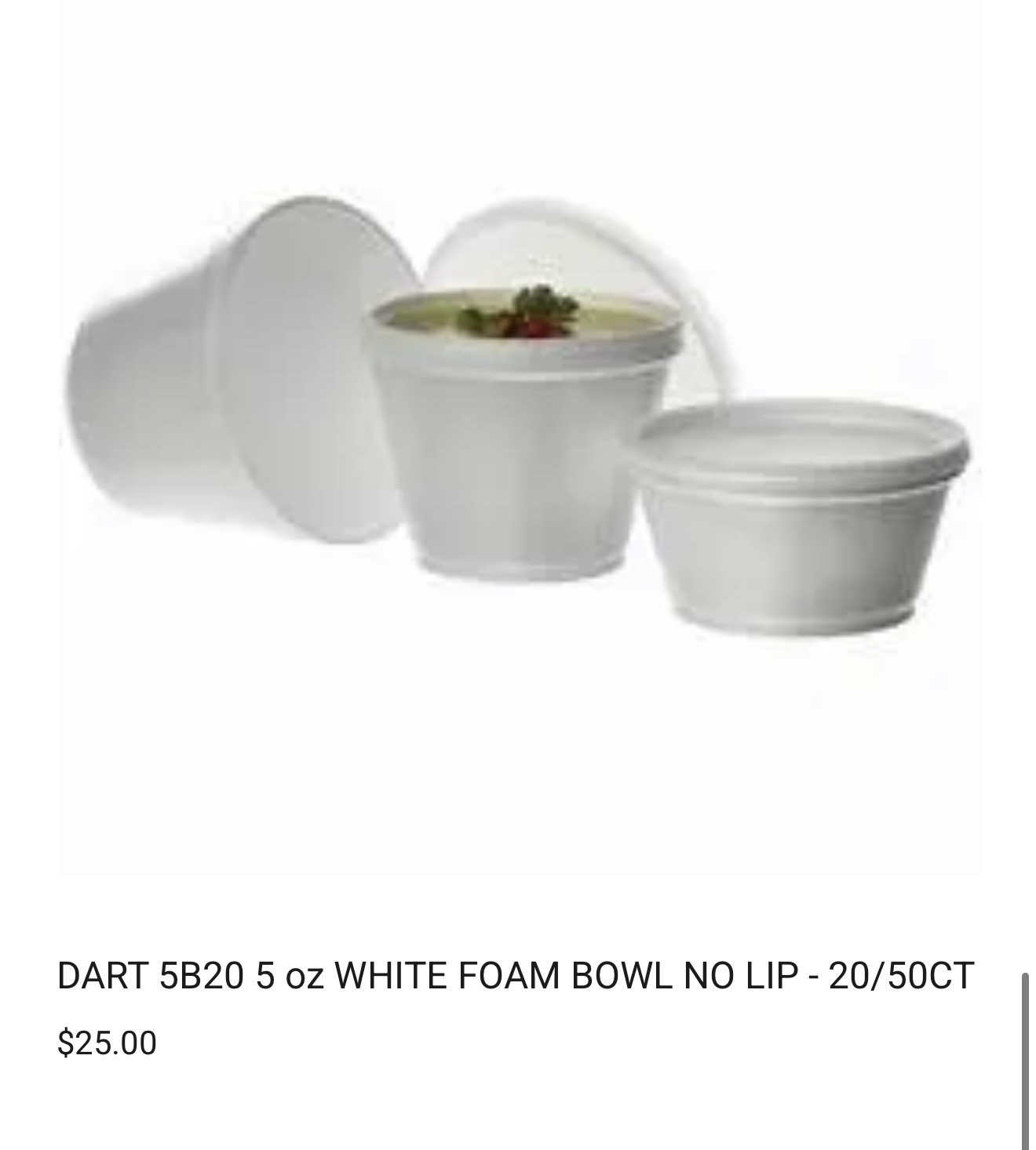 Dart 5B20 5 oz Round White Foam Bowl Container No Lip, 1000 Count