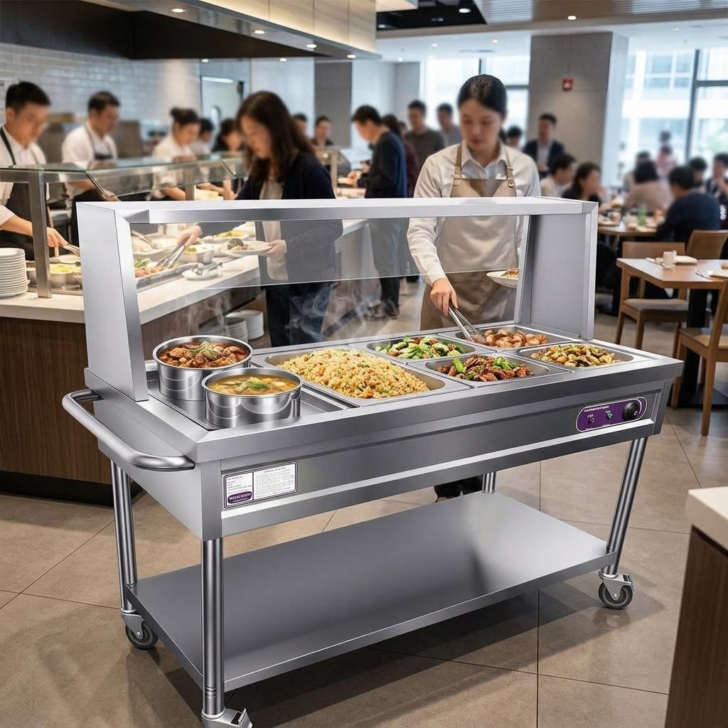 Commercial Food Warmer, 5 Pans + 2 Pots Electric Steam Table with Wheels