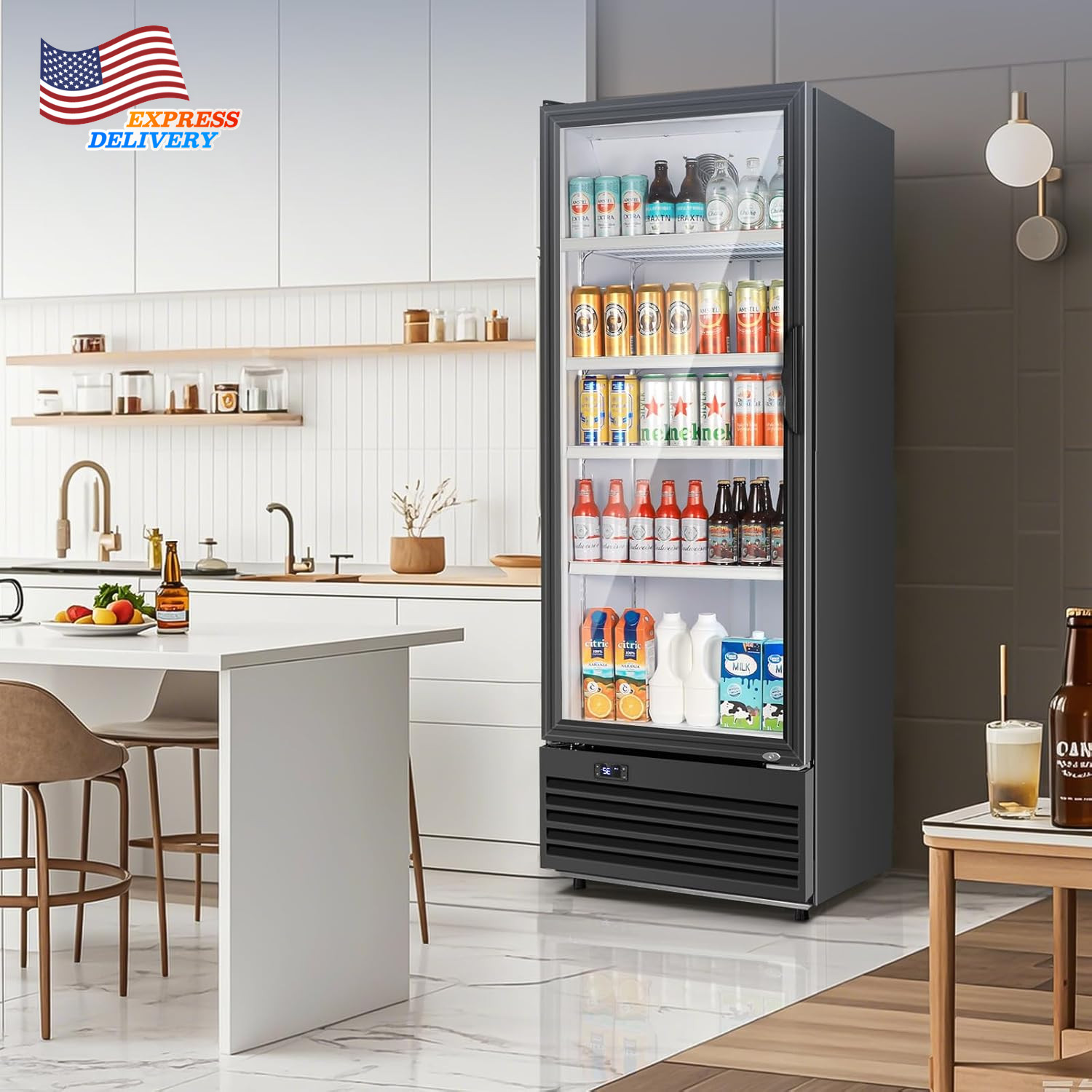 350L Commercial Beverage Fridge Glass Door Fast Cooling Low Noise Black