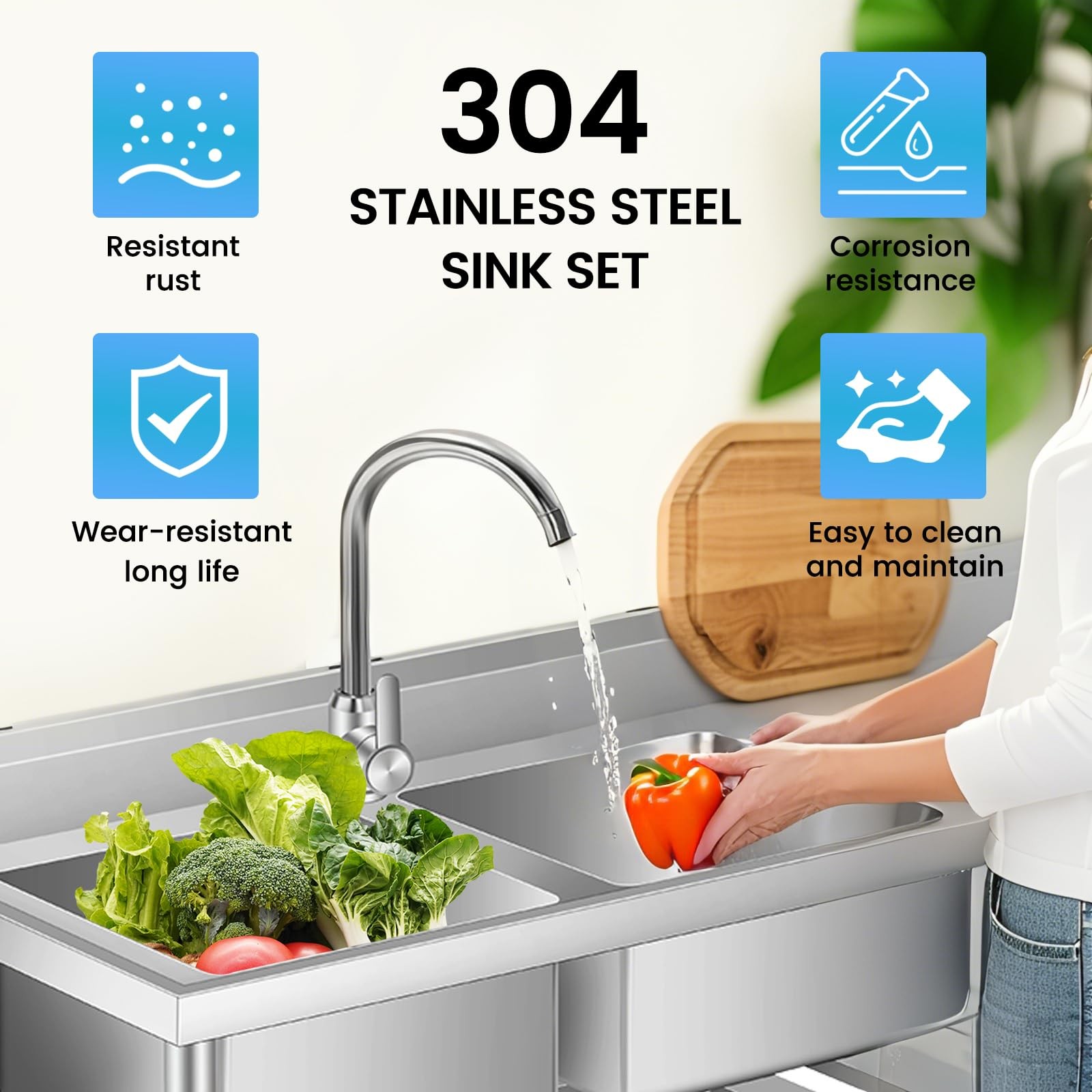 47″ Free Standing Commercial Kitchen Sink Stainless Steel W/ 2 Bowl Utility Sink