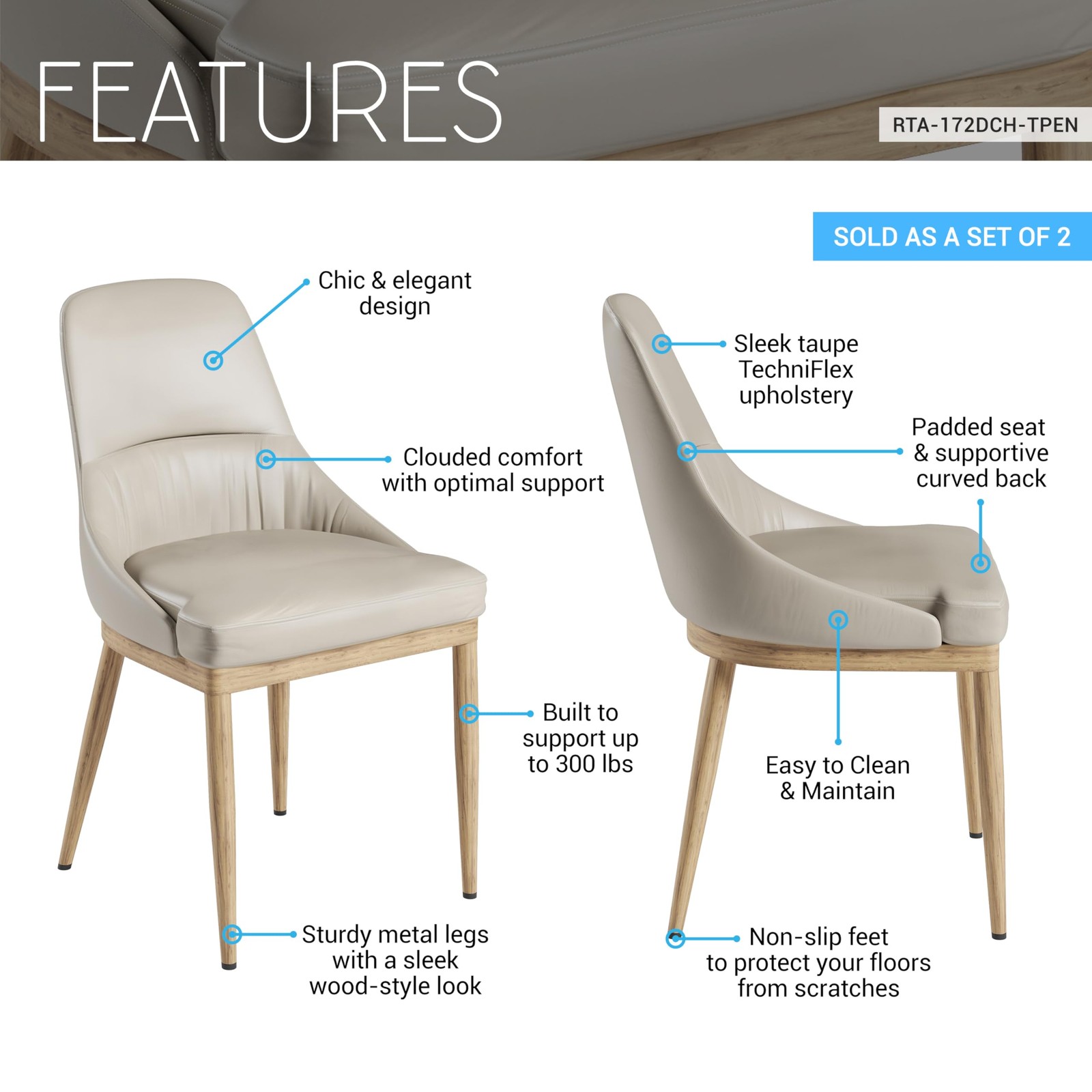Techni Home Set of 2 Armless Dining Chairs, Taupe Faux & Natural