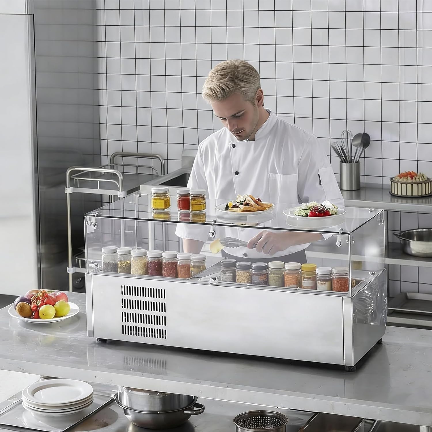 🔥Refrigerated Prep Station, 130W Air-Cooling Salad Bar Buffet Station, 35-46°F