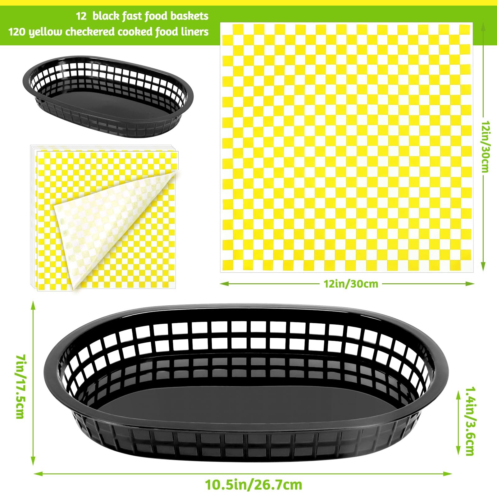 120 Sheets Yellow Checkered Deli Liners and 12 Black Fast Food Baskets Classi…