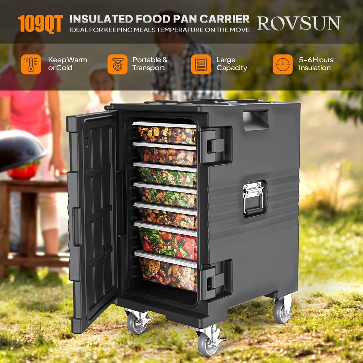 Portable 109QT Portable Food Warmer – 4 Lockable Wheels, 3-5H Cold, 7 Pans Black