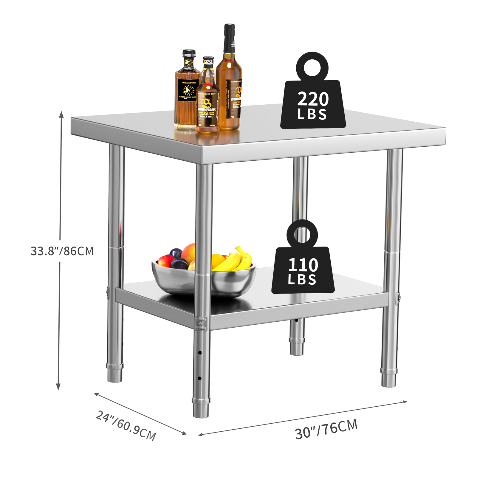 HOMIFLEX 30″ X 24″ Stainless Steel Table 2 Shelves Metal Work Table Prep Table