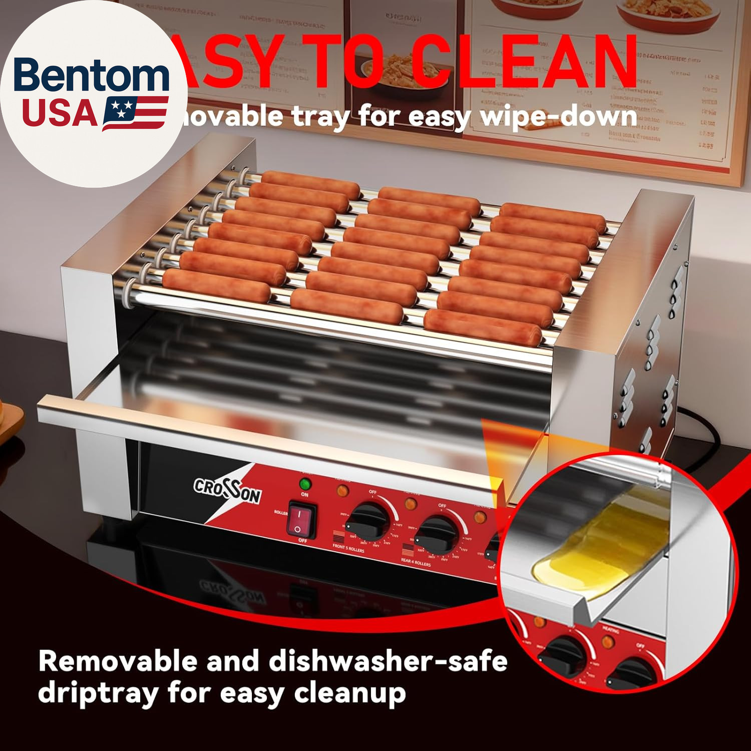 Hot Dog Roller 9 Rollers 24 Hot Dogs,1750W Hot Dog Grill Cooker Machine with Bun