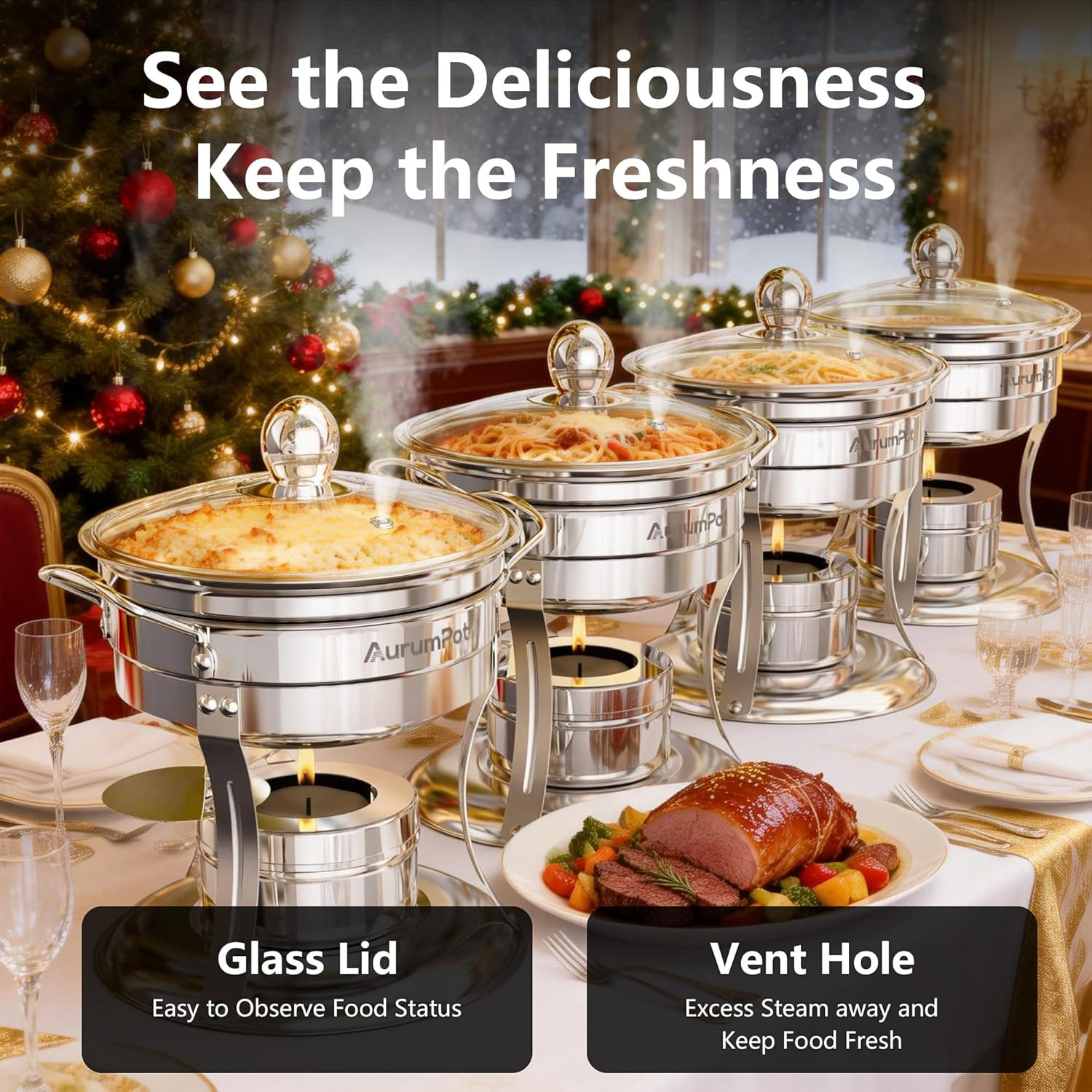 Personalized Mini Chafing Dishes for Buffet 1QT 4 Pack with Glass Lids, [Worry-F