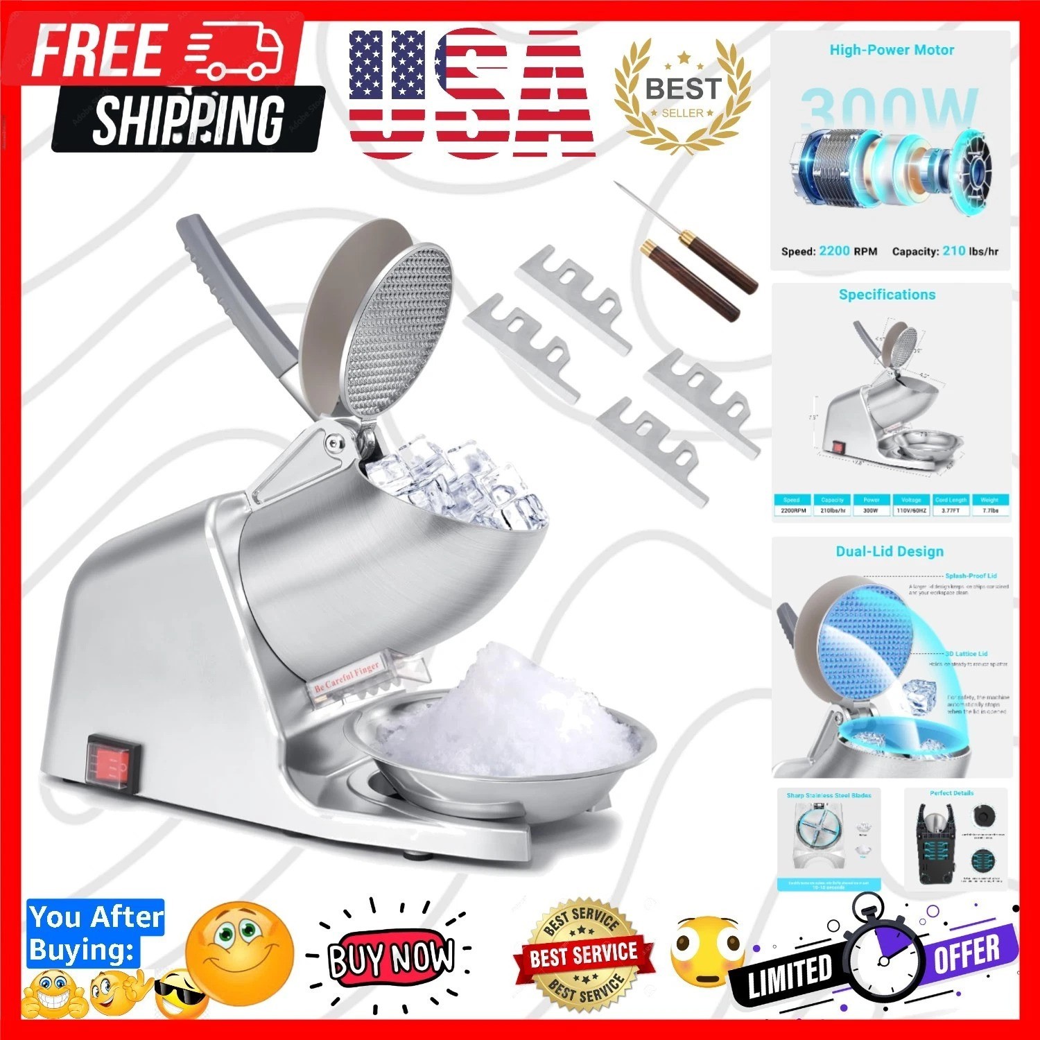 Electric Ice Shaver Machine, 4-Blade & 210 lbs/hr, 300W Ice Crusher for Home …