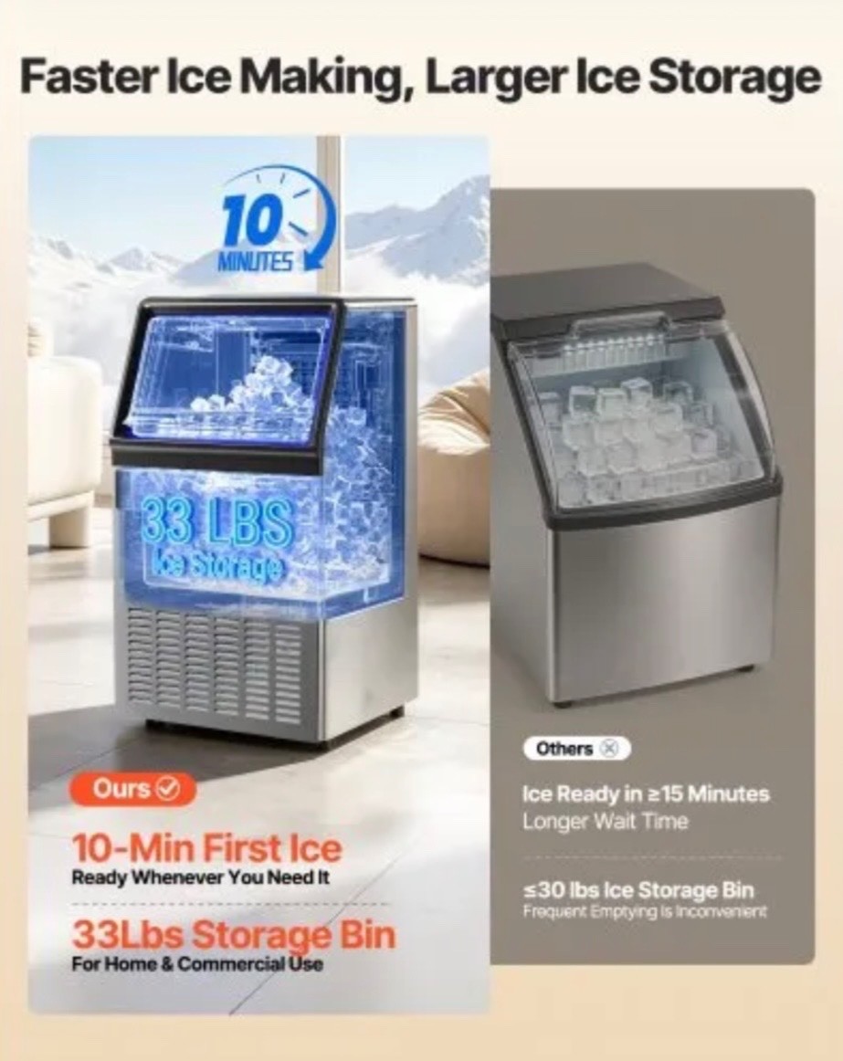 VEVOR Commercial Ice Maker Machine, 120Lbs/24H with 33Lbs Storage, 45 Cubes per