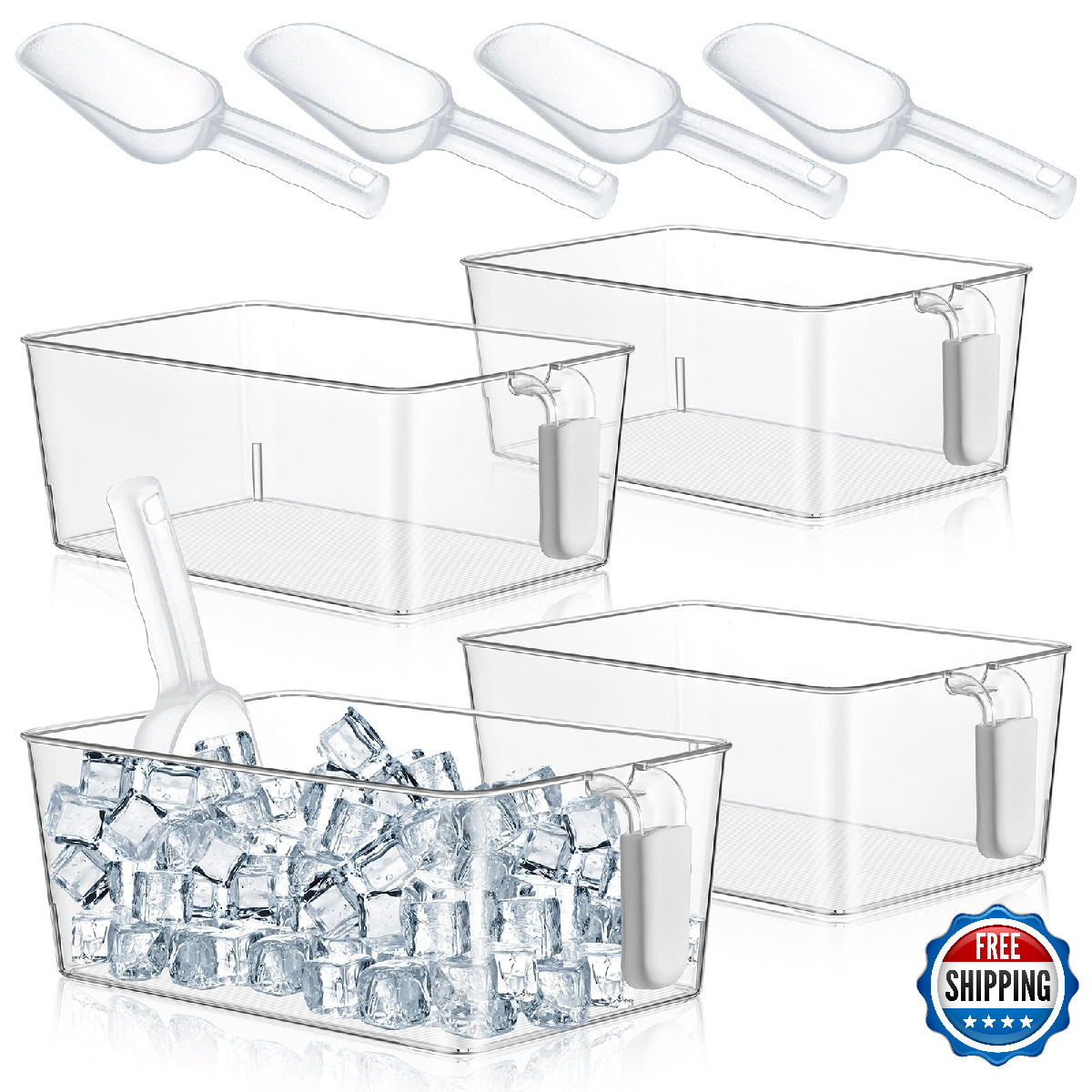 Havawish 4 Pack Clear Ice Bins For Freezer Plastic Ice Bucket Flexible Scoop