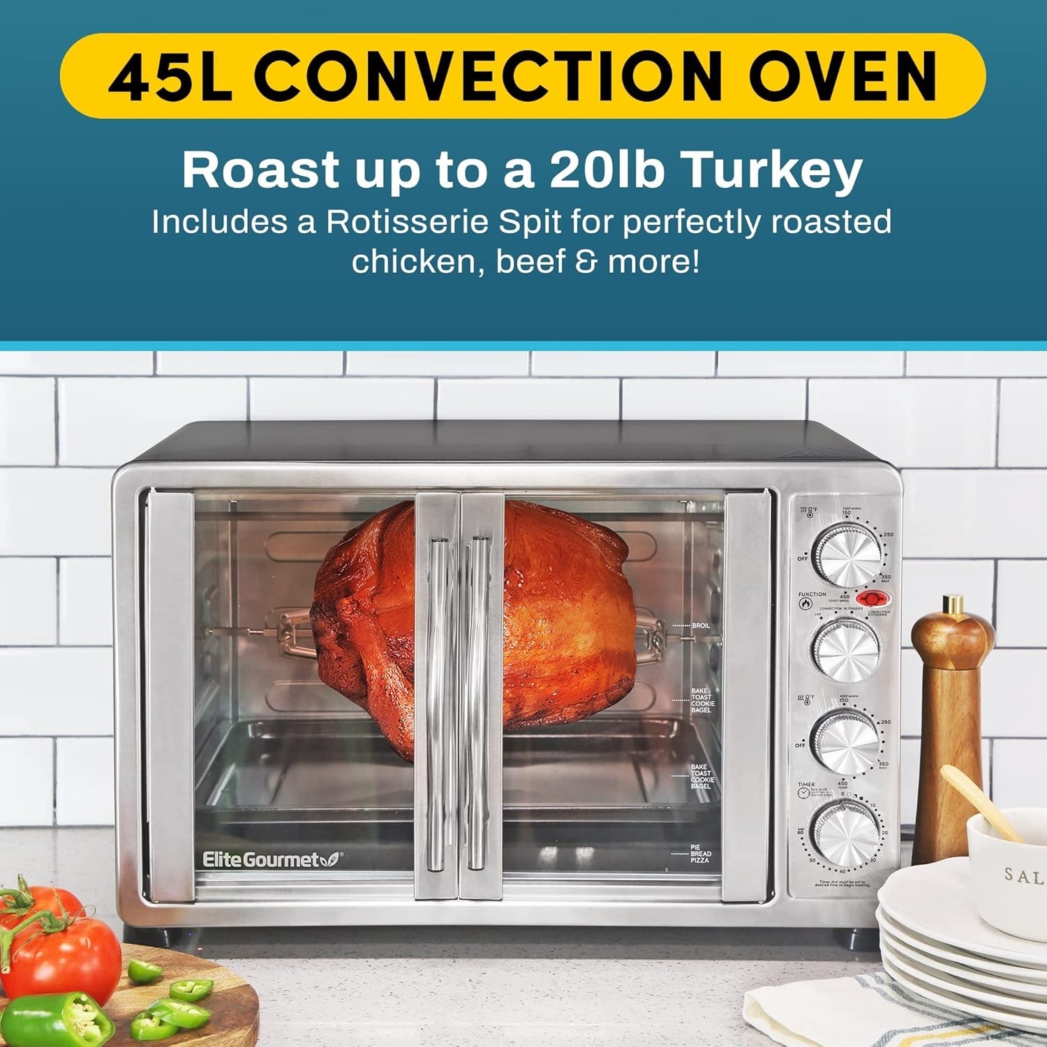 Elegant 47.5Qt French Door Convection Oven with Rotisserie & 18-Slice Capacity