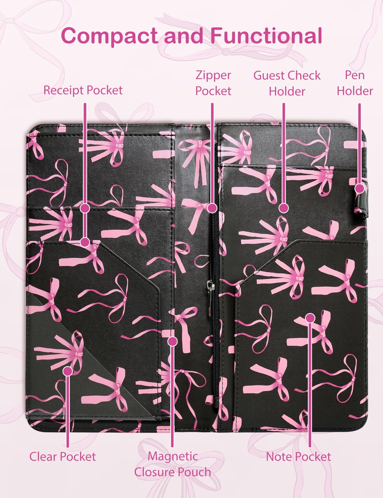 Server Book Leather Waiter Waitress Organizer 8 Pockets Magnetic Zipper for Rest