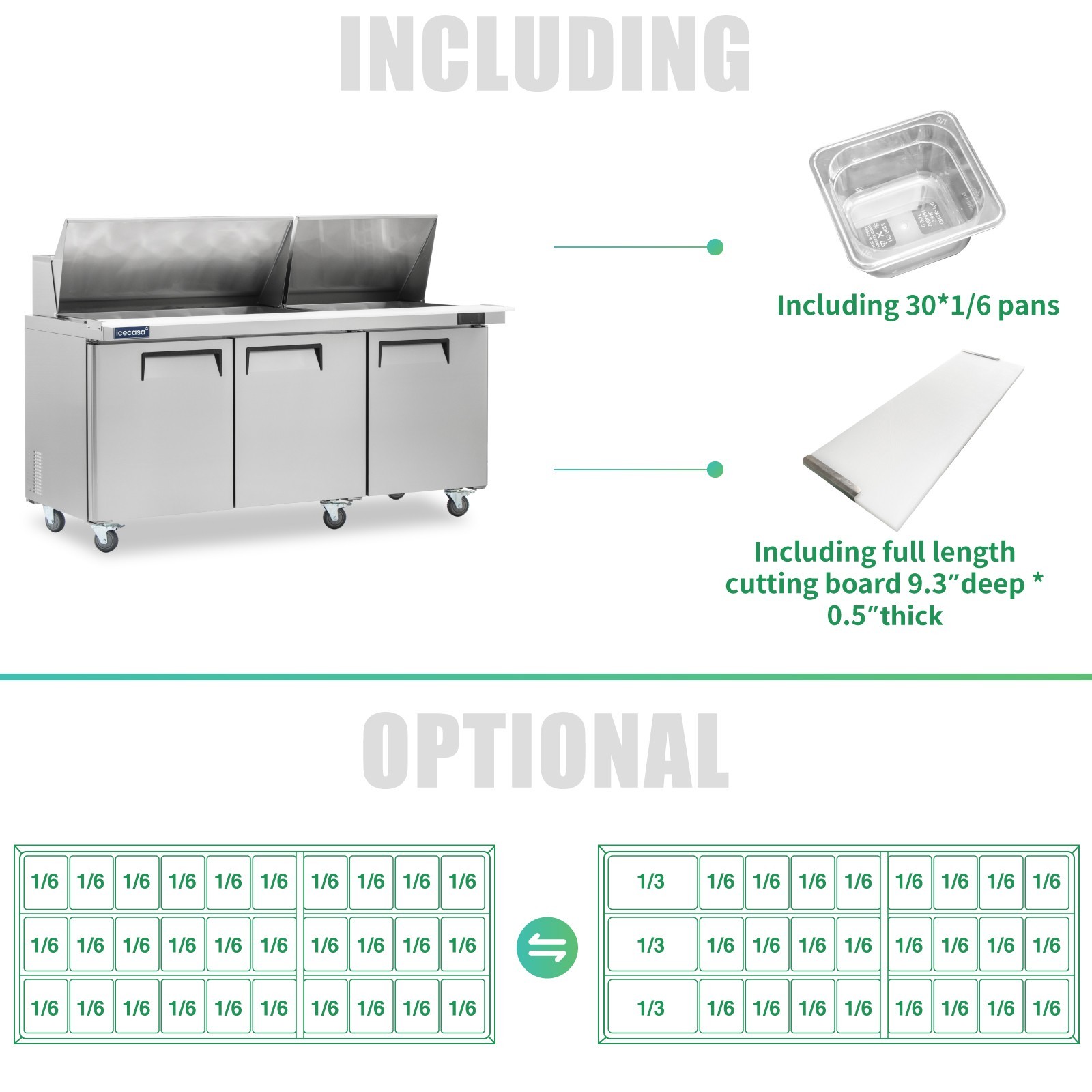 72″ Mega Top Sandwich Prep Table, ICECASA 3 Door Food Bain Marie Cooler, 30 Pans
