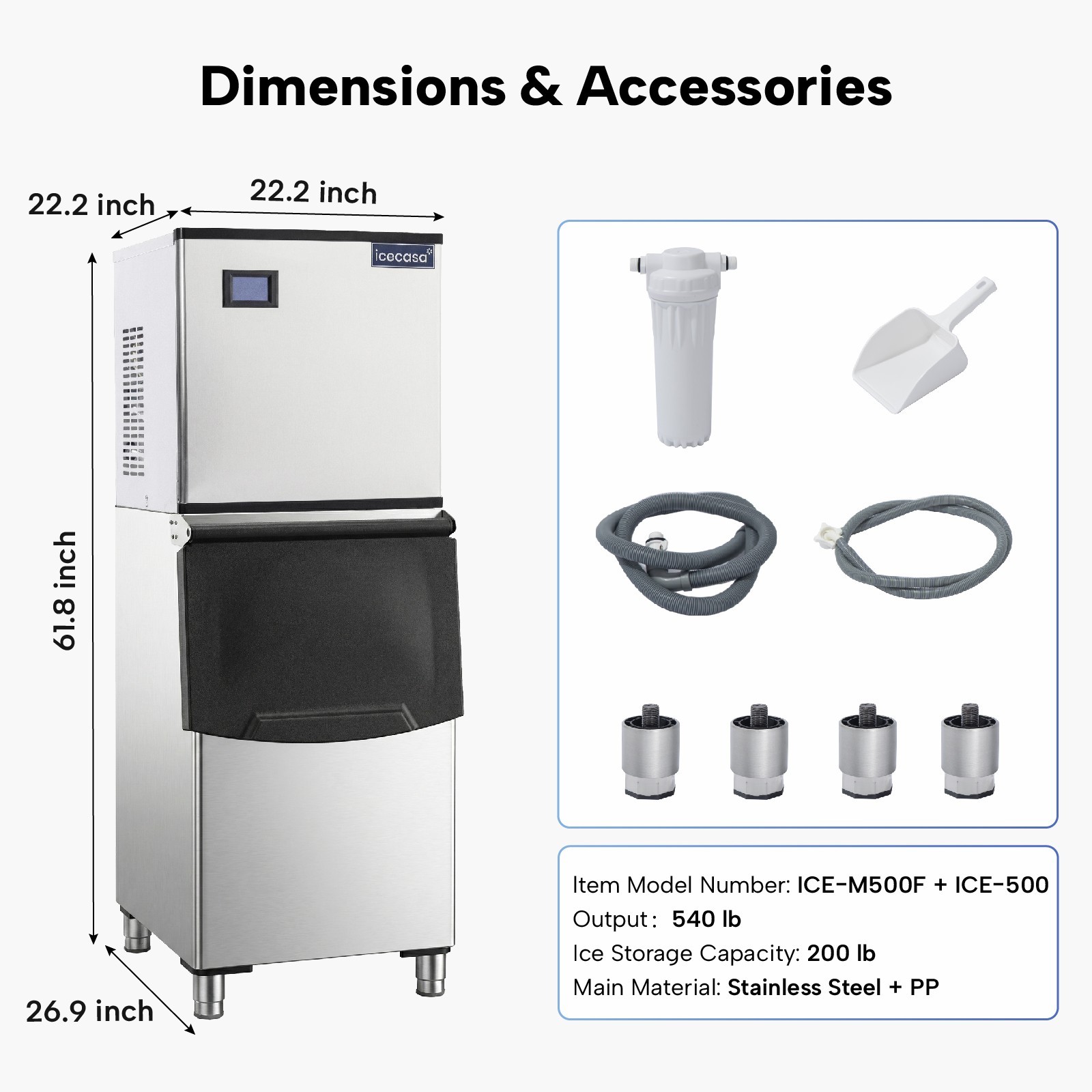 ICECASA Commercial Ice Maker Machine, 540 lbs Ice Makers with 200lbs Storage
