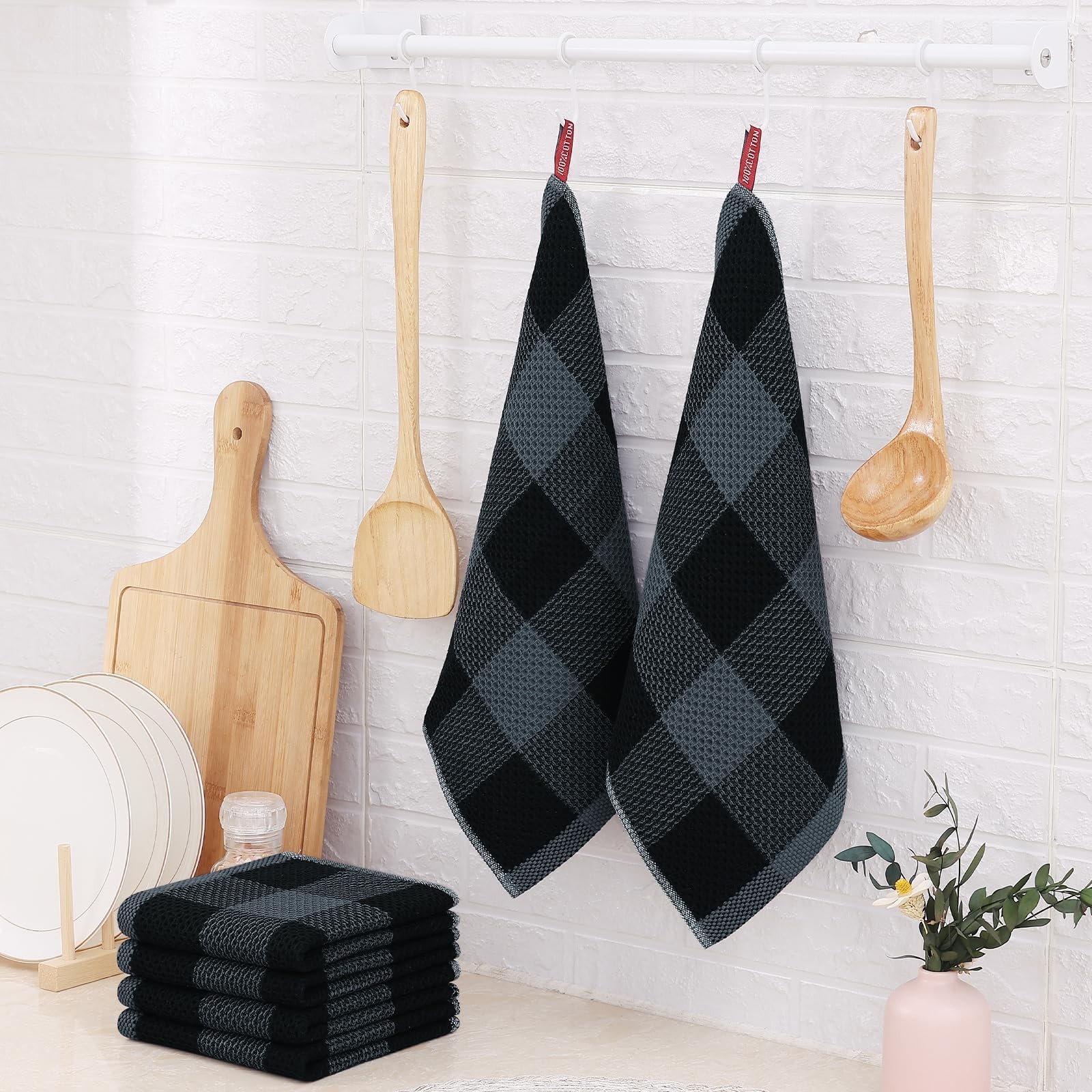 Homaxy 100% Cotton Waffle Weave Check Plaid Dish Cloths, 12 x 12 Inches, Super S