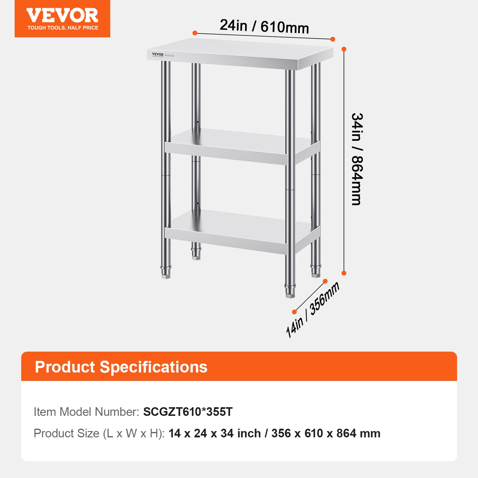 VEVOR Stainless Steel Food Prep Table Commercial Kitchen Work Table 14″x24″