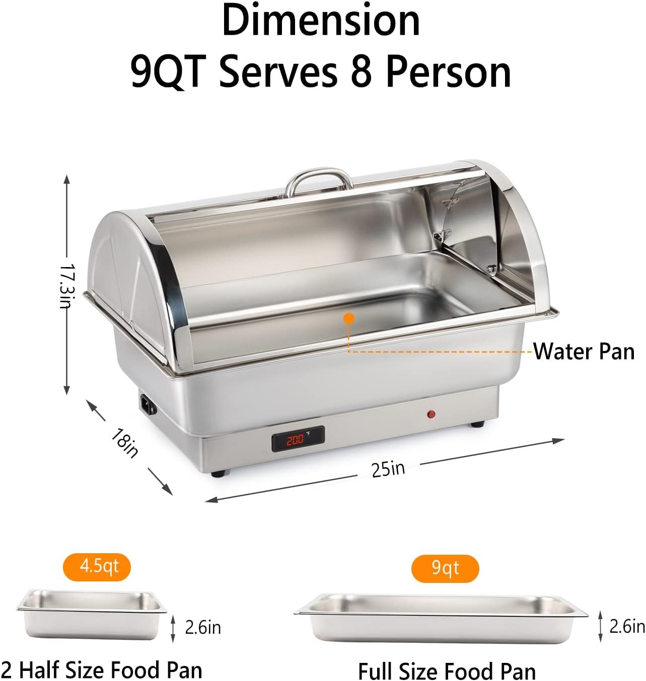 Electric 9 QT Chafing Dish Buffet Set, NSF Stainless Steel Roll Top Food Warmer