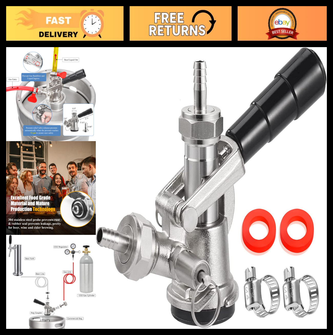 Sankey D Keg Coupler Tap Dispenser – 304 Stainless Steel, Fits 1/4″ & 3/16″ Line