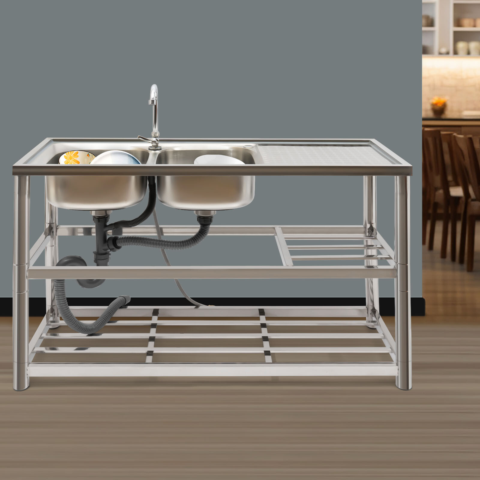 Commercial Sink Utility Sink 2 Compartment Kitchen W/ prep Table Stainless Steel