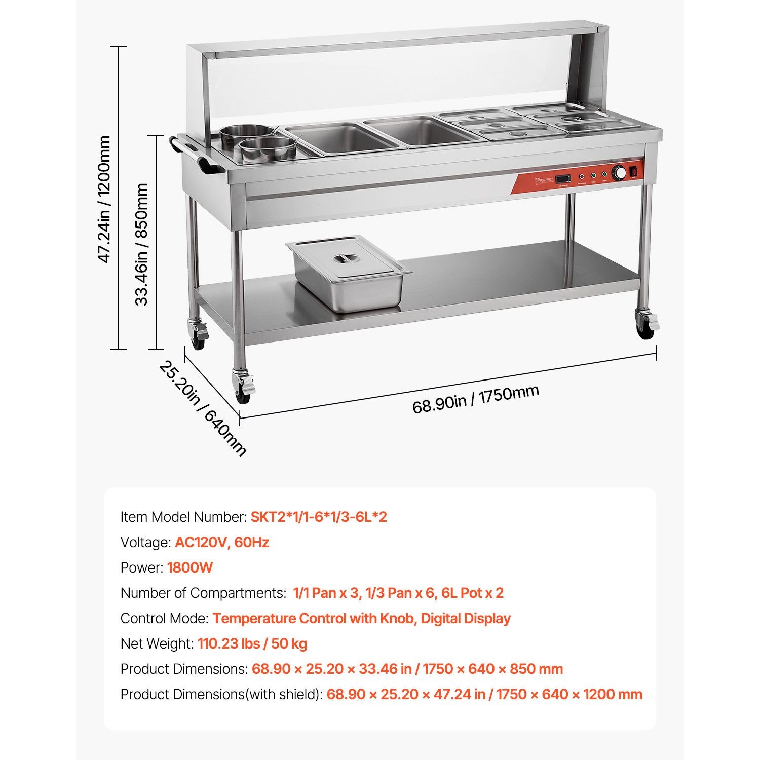 Commercial Food Warmer, 8 Pans + 2 Pots Electric Steam Table, 1800W Professional