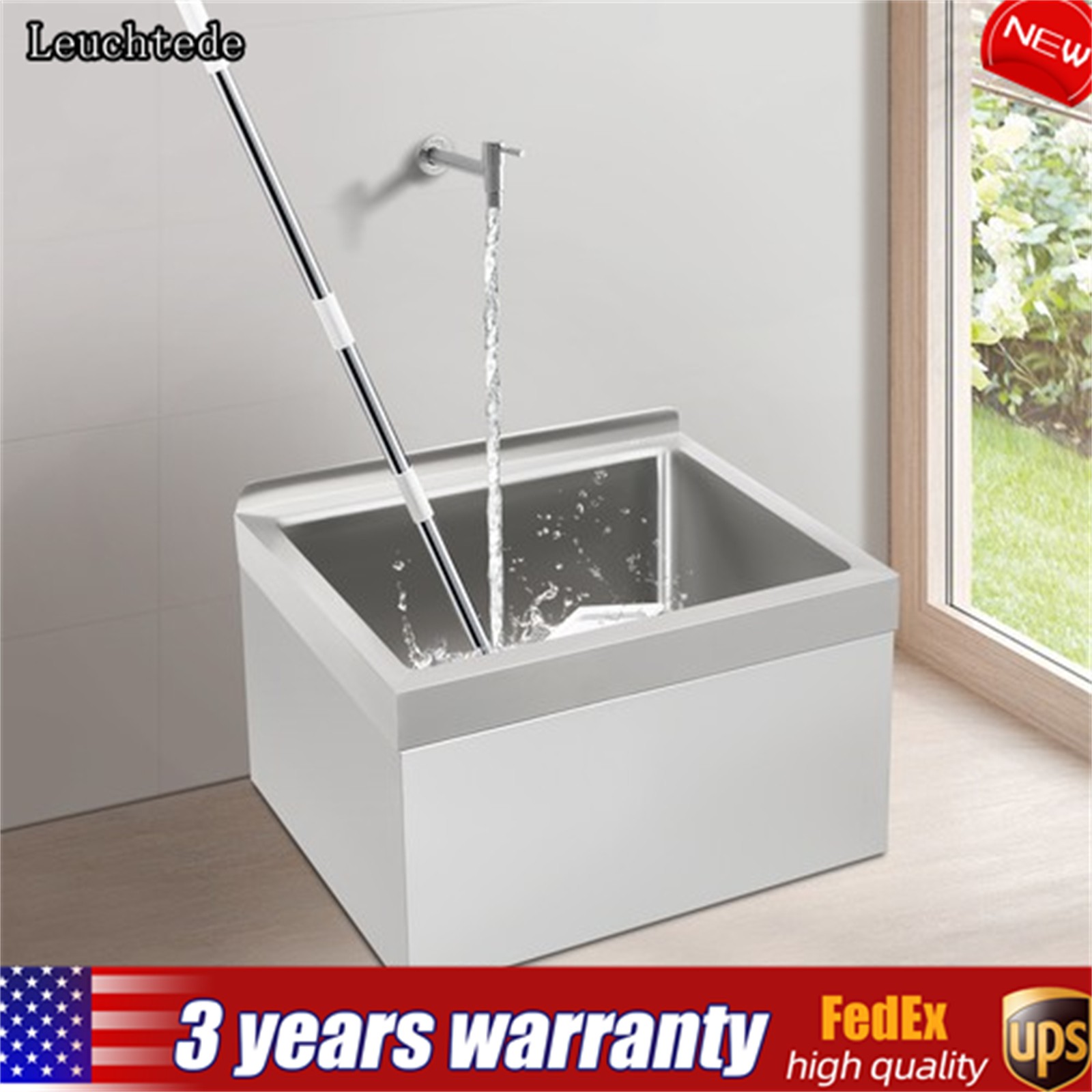 Stainless Steel Commercial Mop Sink 24*24*13in w/ Drain Hose Silver Square
