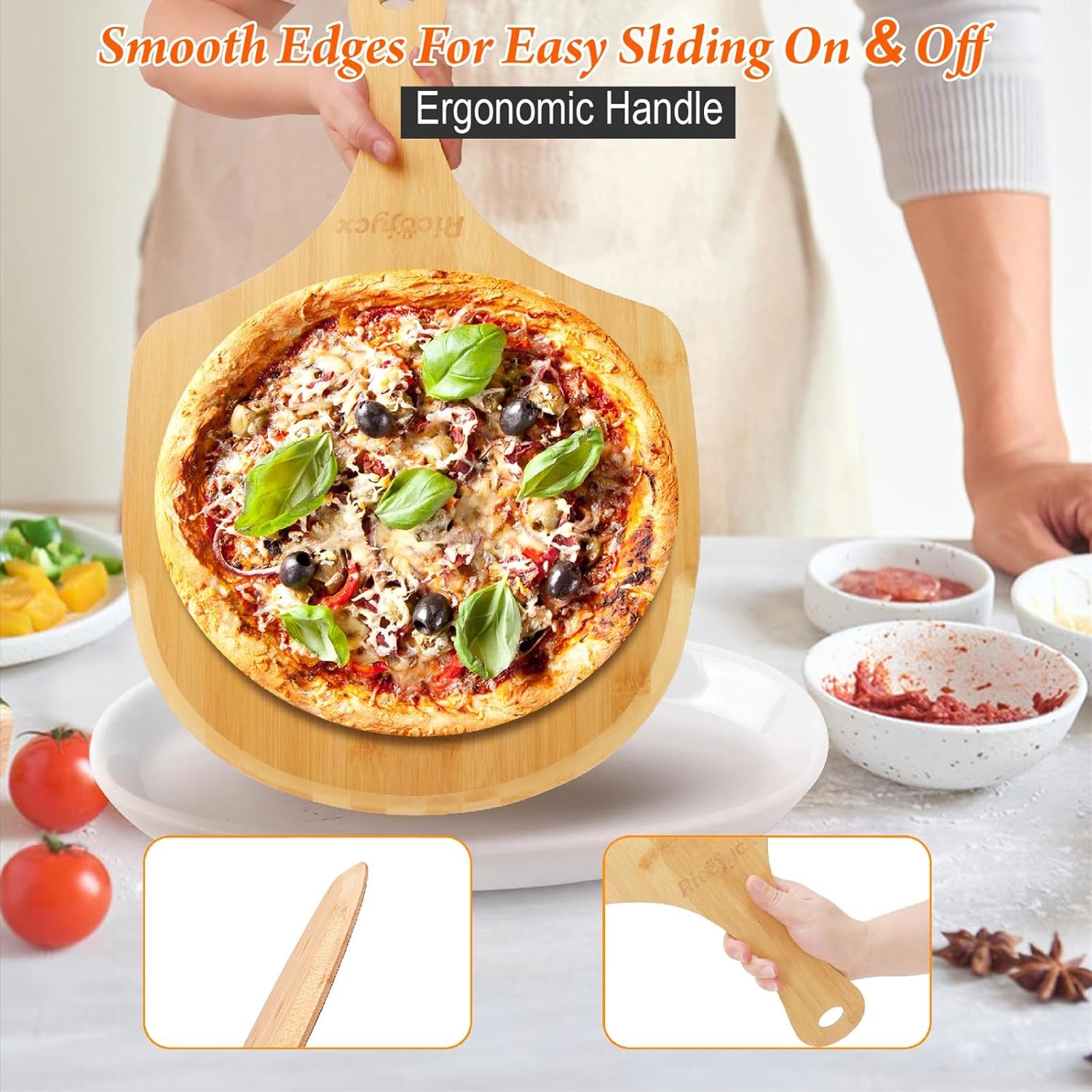 2X Natural Bamboo Pizza Peel 14 inch Wood Pizza Paddle Cutting Board for Pizza