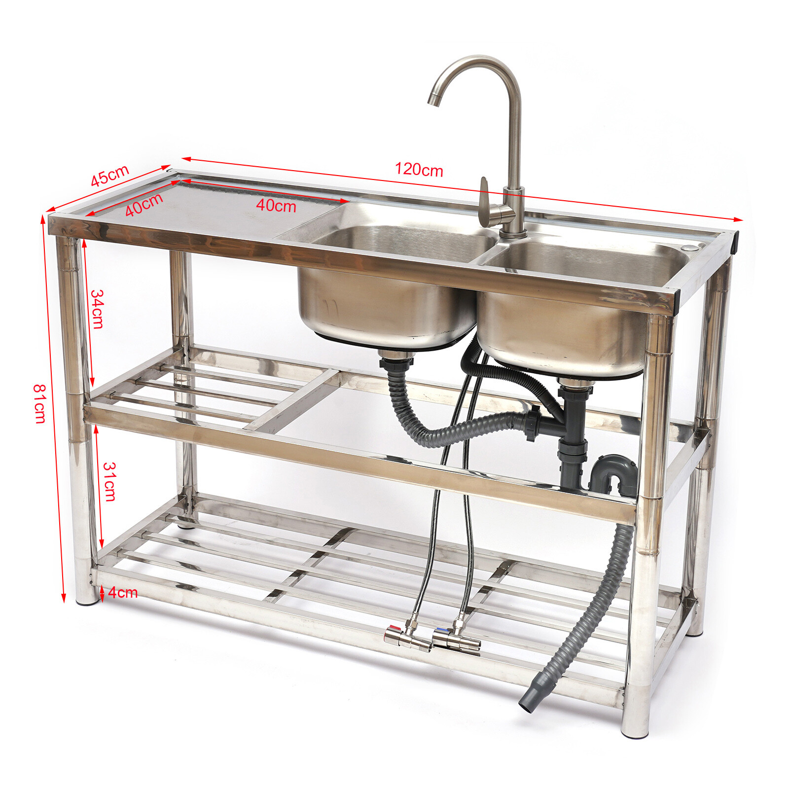Commercial Kitchen Utility Sink Stainless Steel Sink 2 Compartment & Prep Shelf
