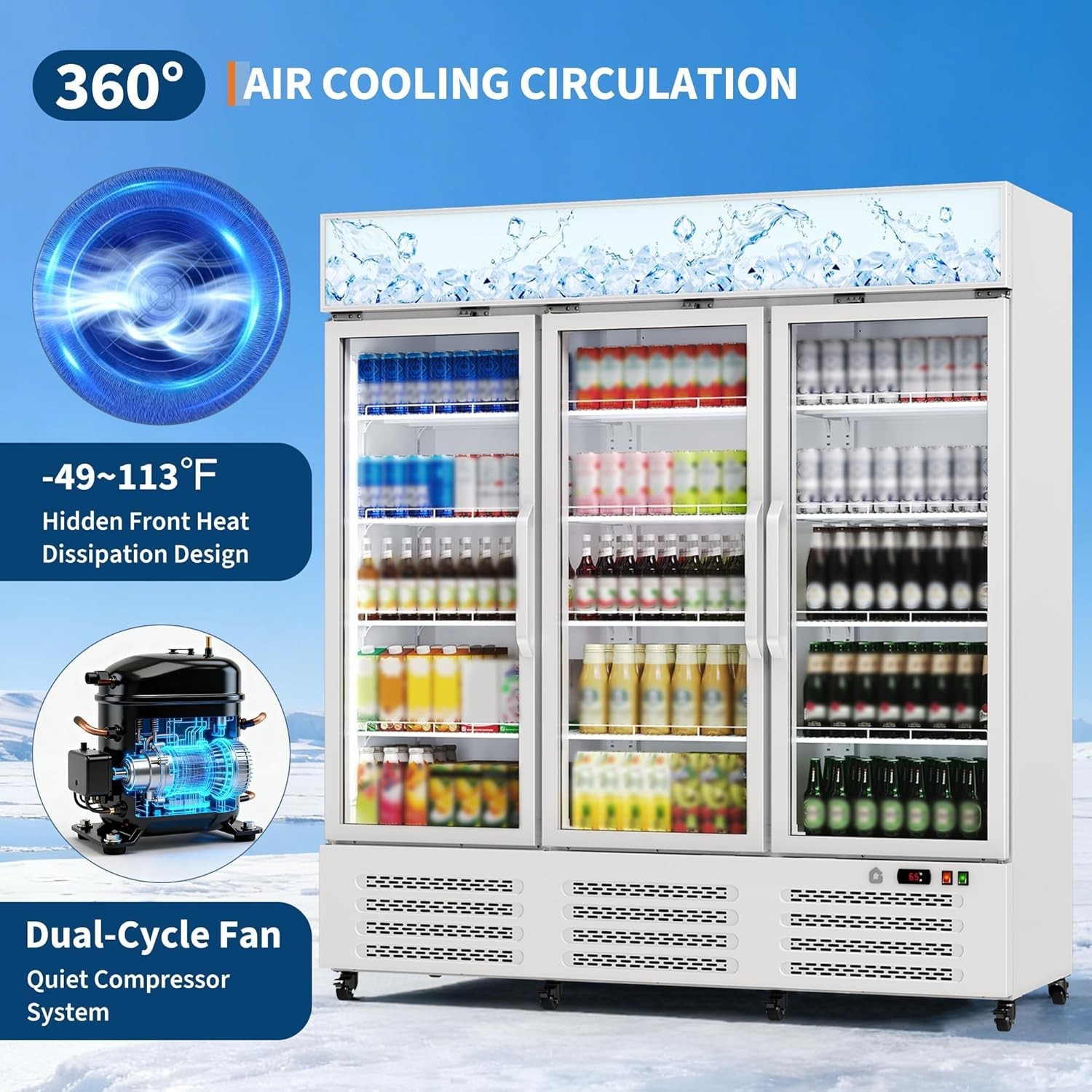 Commercial Refrigerator, Three Glass Door Display Beverage Fridge, 39 Cu ft Upri