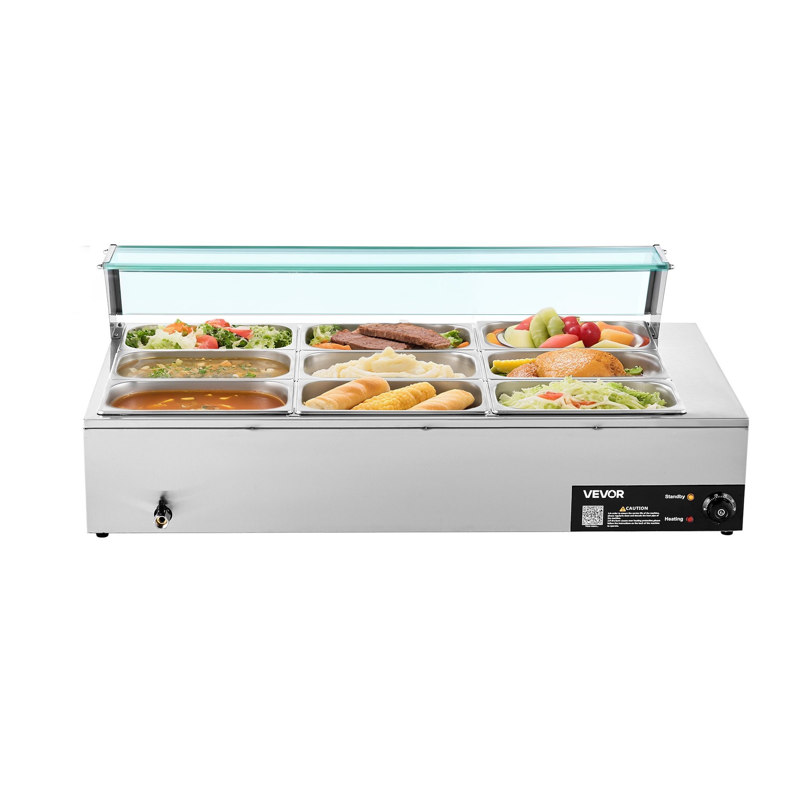 VEVOR Commercial Food Warmer 9-Pan 1500W Buffet Bain Marie with Glass Cover