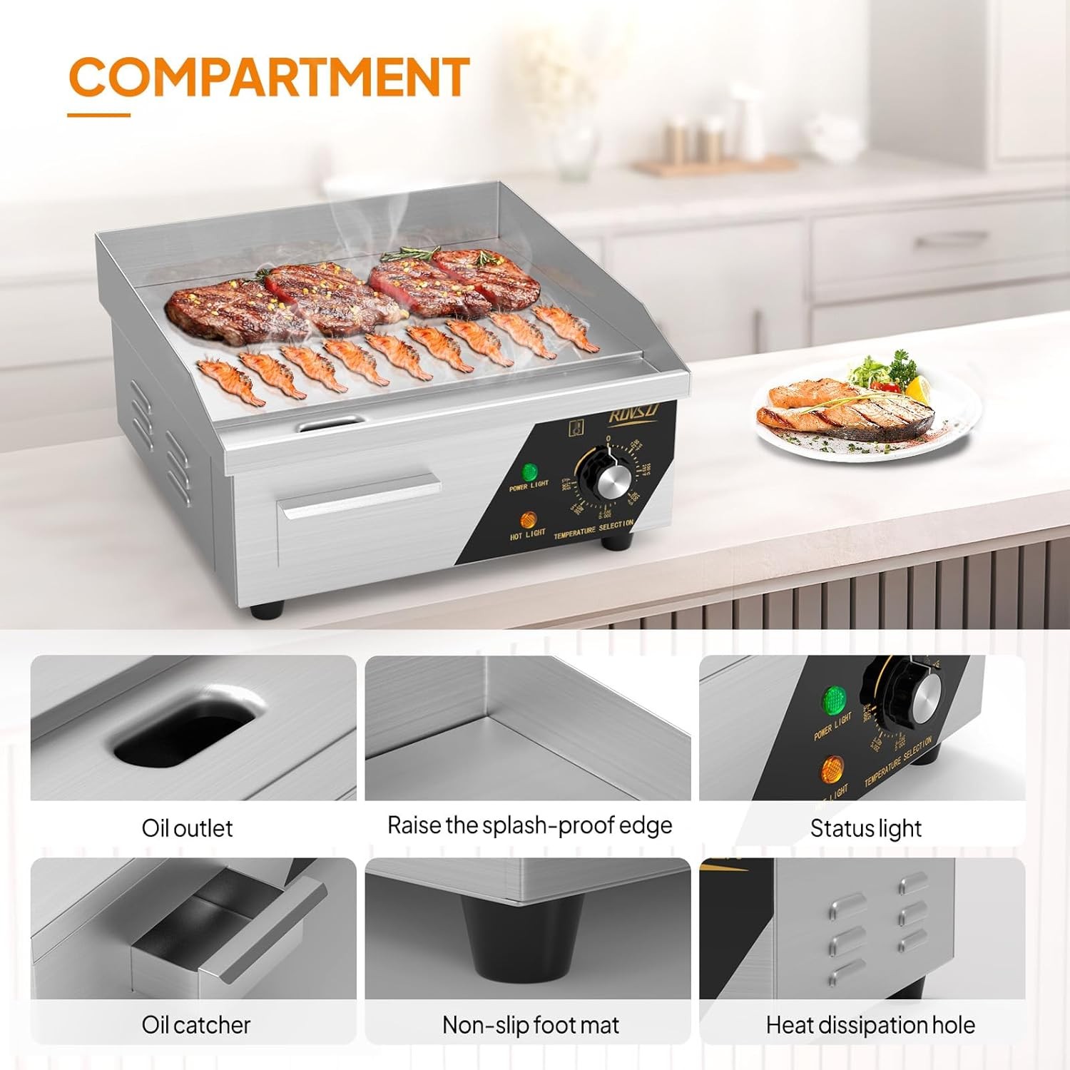 14″ Commercial Electric Countertop Flat Top Griddle, 1500W 110V Electric Griddle