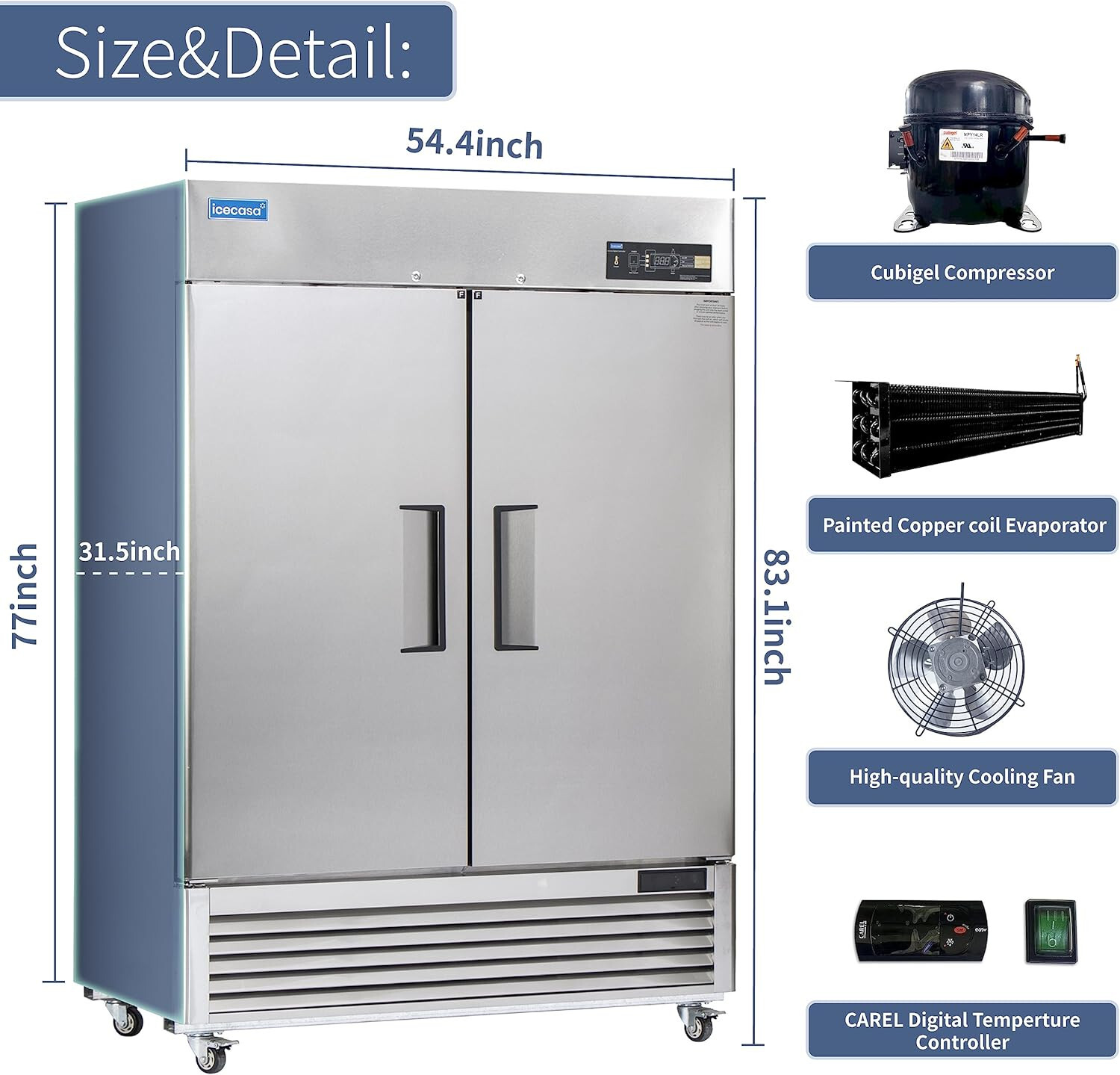 54″ Commercial Freezer, ICECASA Double Door Commercial Reach-In Freezer 49 Cu.ft