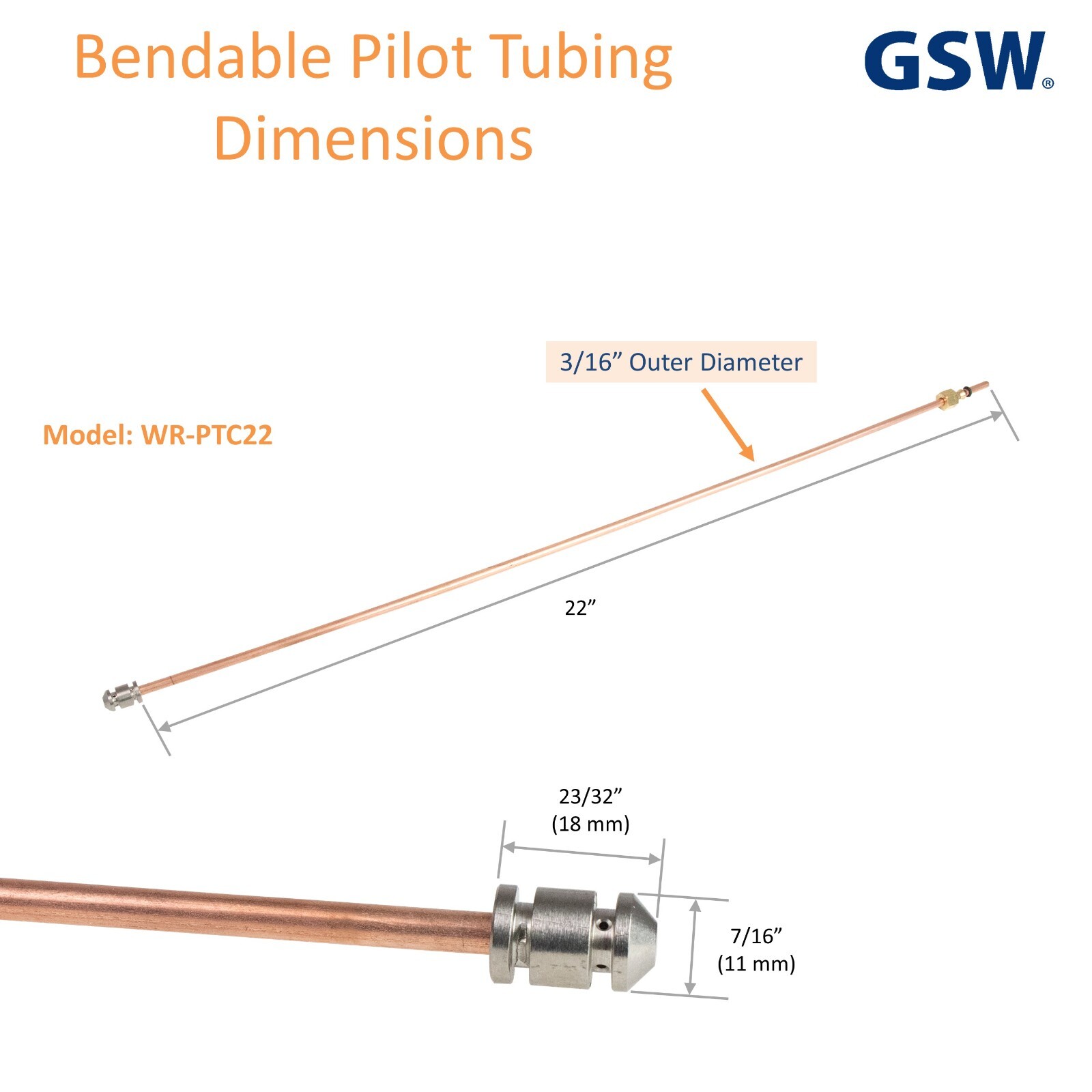 GSW 3/16″OD Bendable Pilot Tubing with Pilot Tip, Nut & Sleeve. Range Accessory