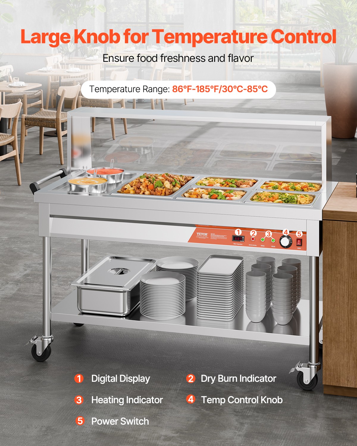 VEVOR 5 Pans + 2 Pots Commercial Food Warmer Steam Table with Undershelf Shield
