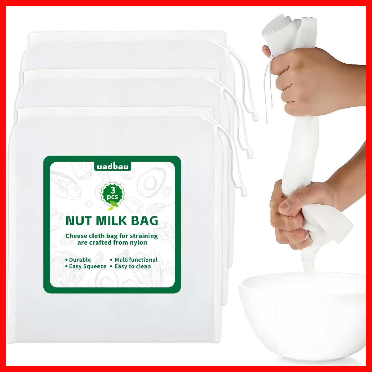 Uadbau 3Pcs Cloth Bag For Straining 200-Mesh 12 X 12 Inches Nylon Nut Milk Bag