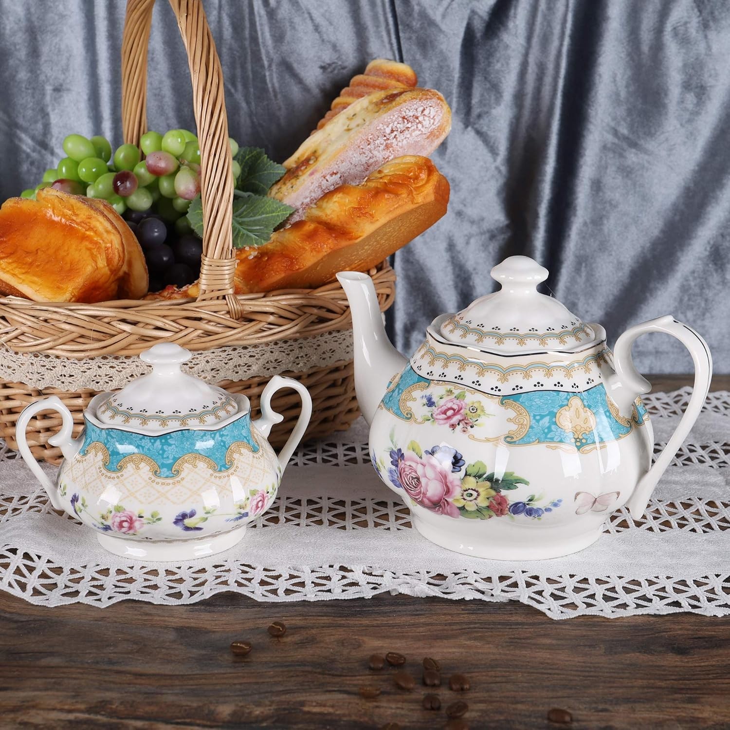 15 Pieces European Retro Rose Tea Set,English Flora Tea Set for Adults,Porcelain