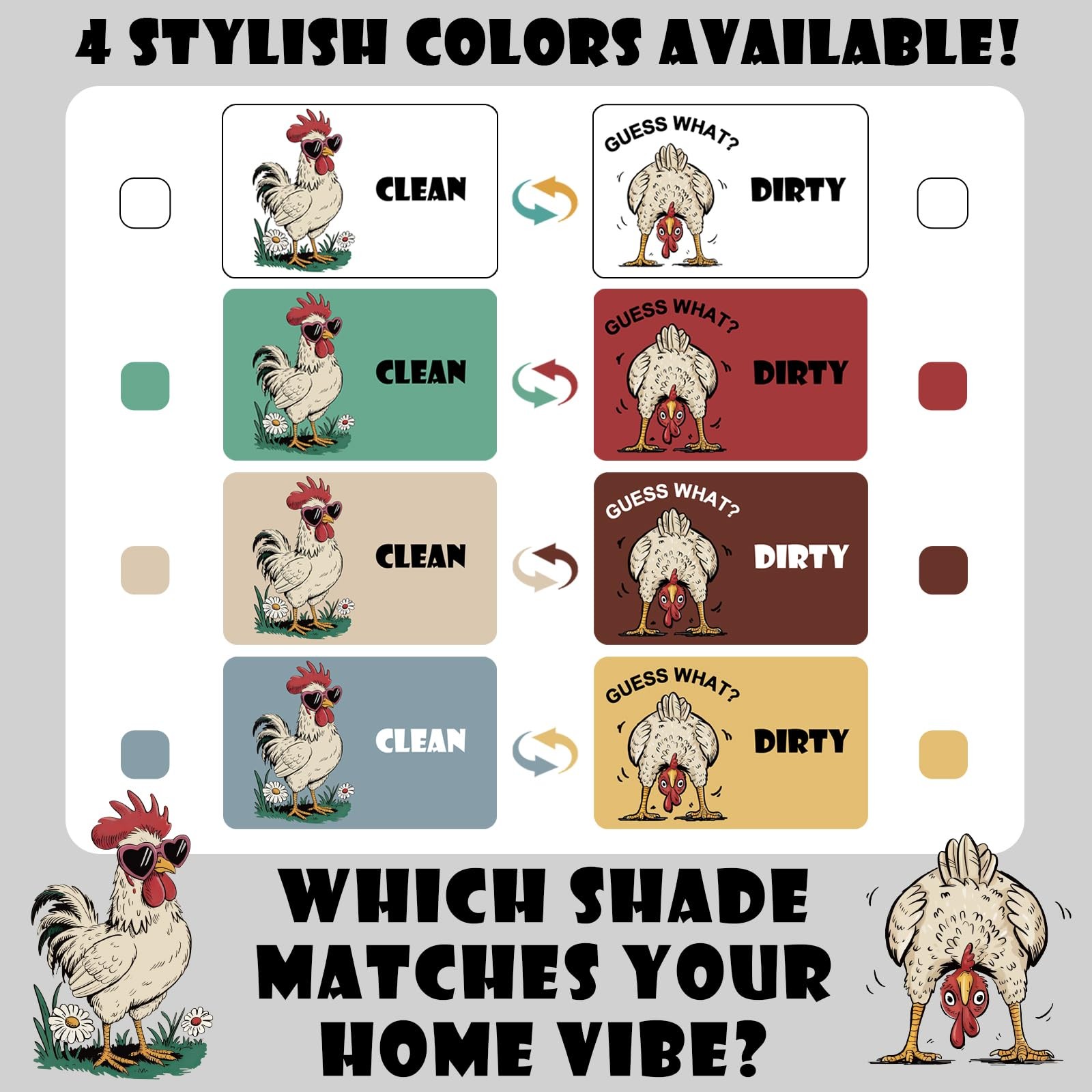 Farmhouse Rooster Cartoon Clean Dirty Dishwasher Magnet, Washing Machine Magnet