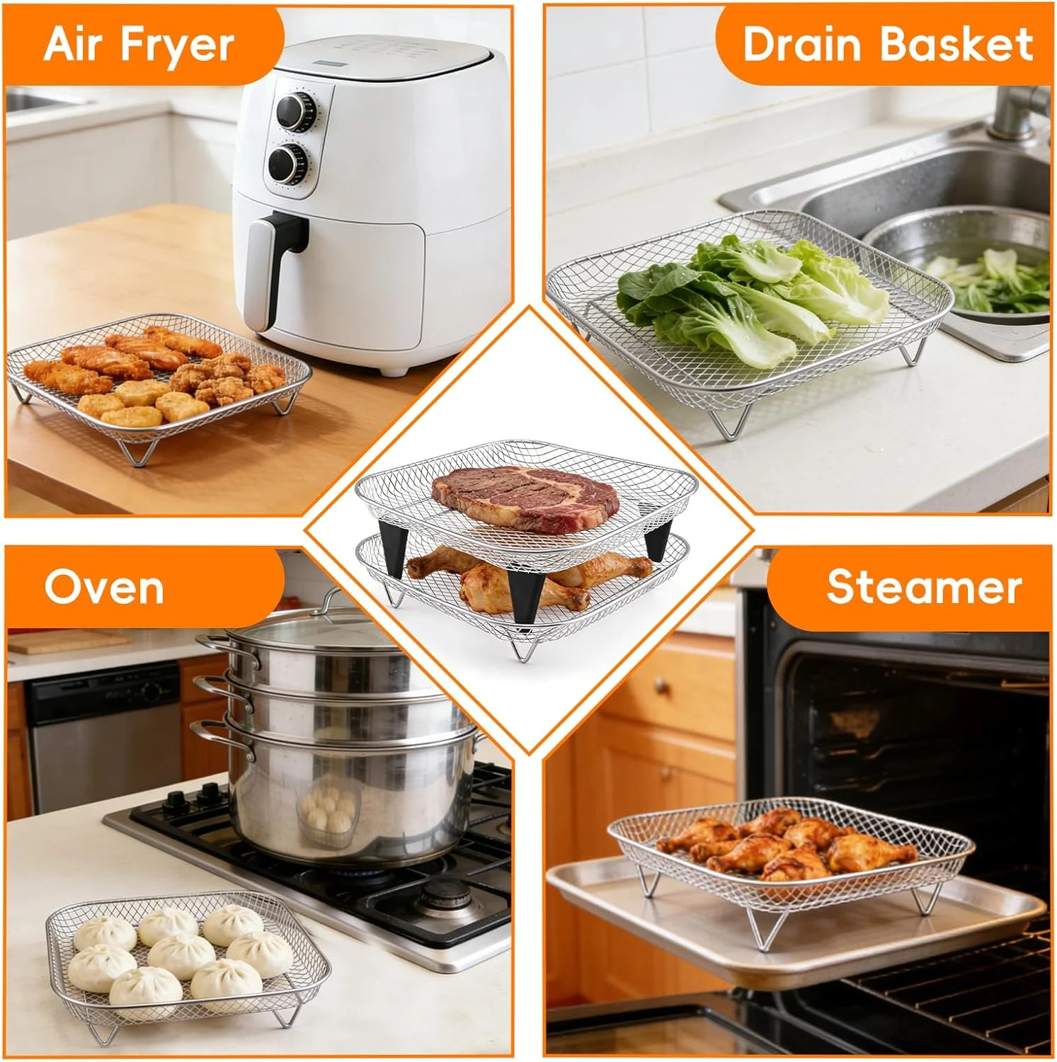 8 Inch Square Air Fryer Rack Set,Dual-Layer 304 Stainless Steel Cosori Ninja Air
