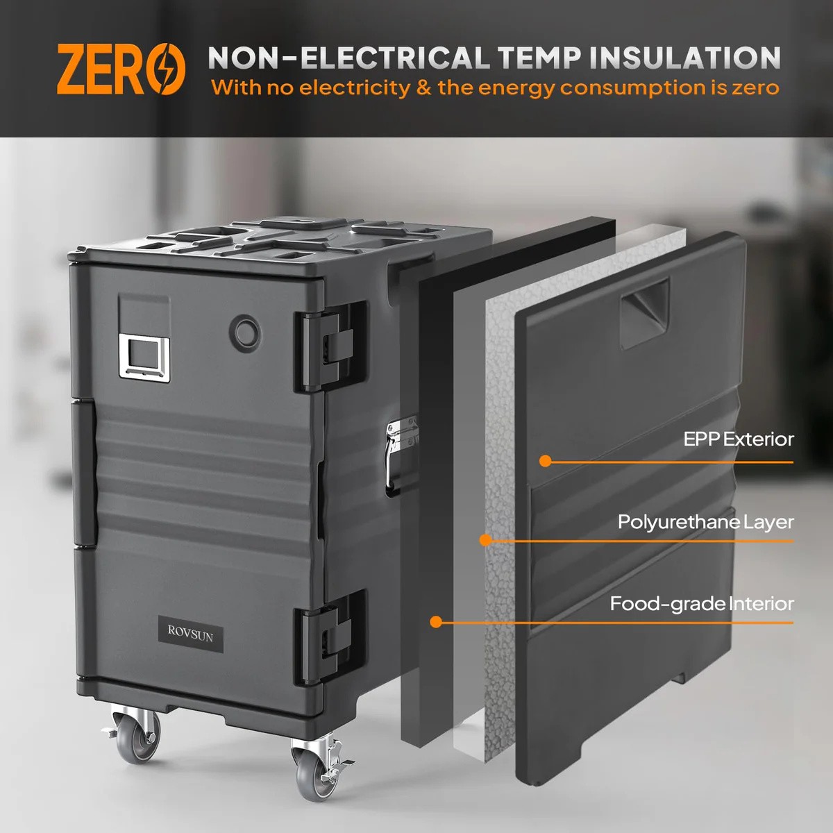 Portable 109QT Portable Food Warmer – 4 Lockable Wheels, 3-5H Cold, 7 Pans Black