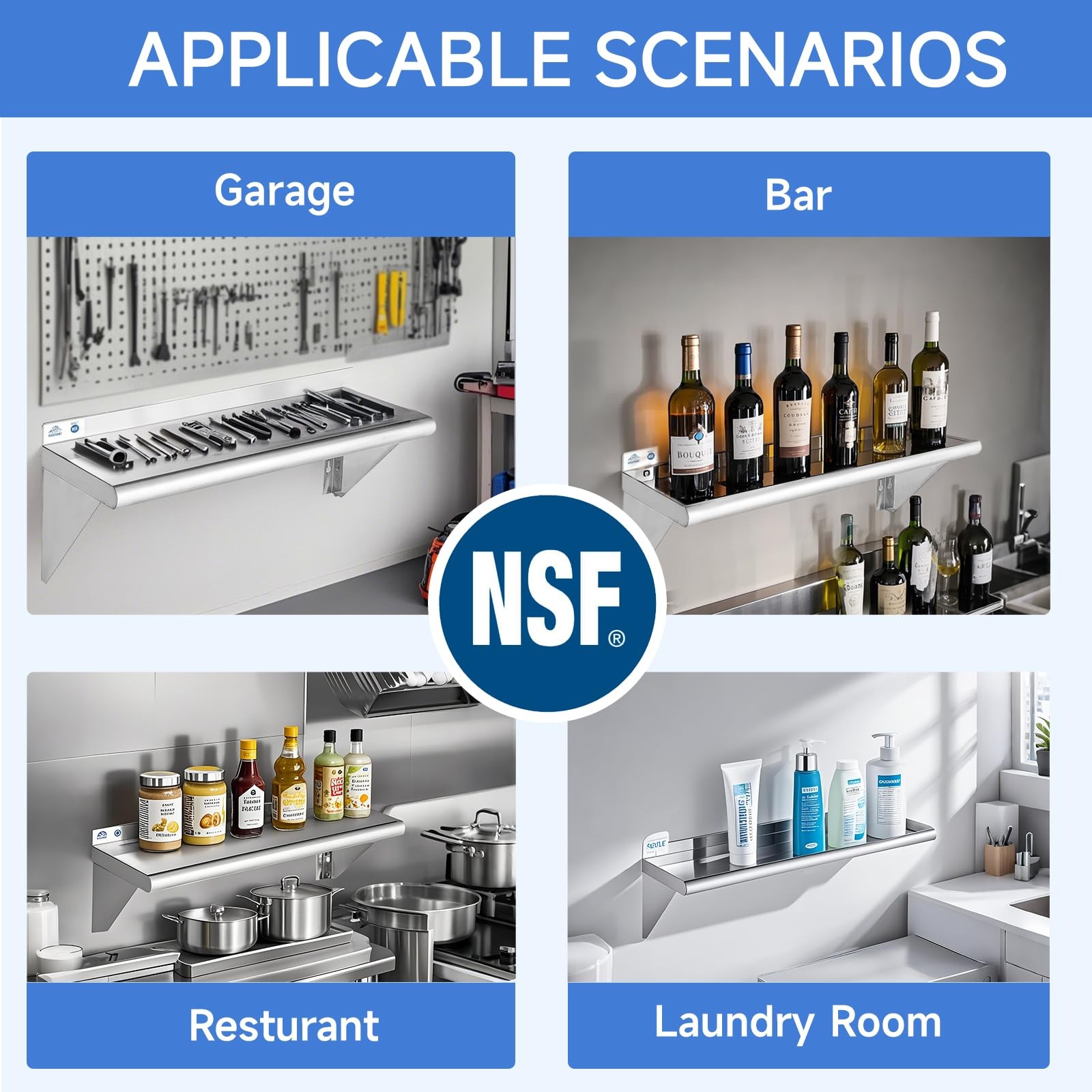 ROCKPOINT Stainless Steel Shelf 10 x 16 Inches, NSF Commercial Wall Mount Floati
